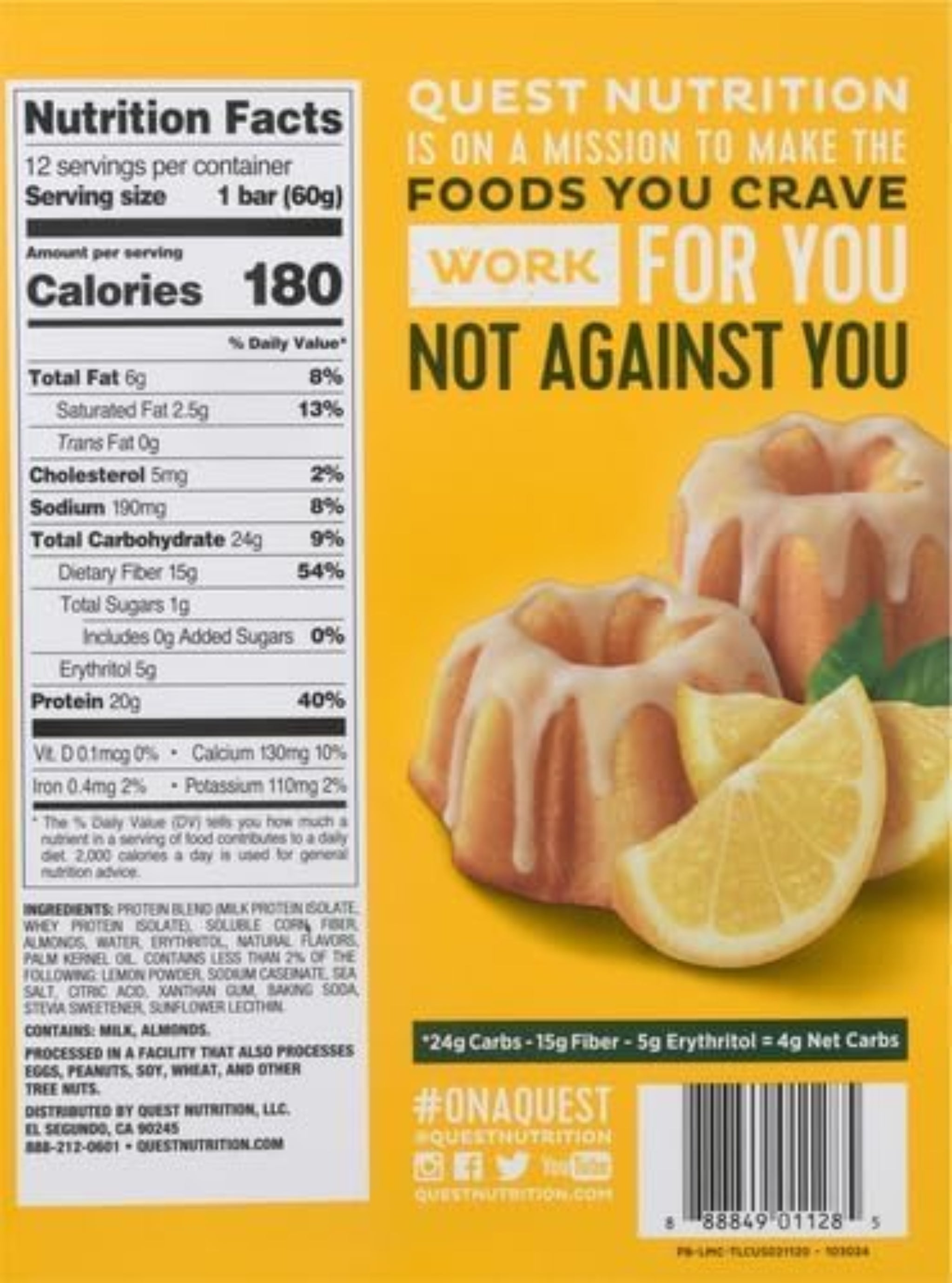 Quest Nutrition Barras de proteína de Pastel de Limón, 20g de proteína, 1g de azúcar, 4g de carbohidratos netos, alto en fibra, sin gluten, apto para dieta keto, 12 unidades