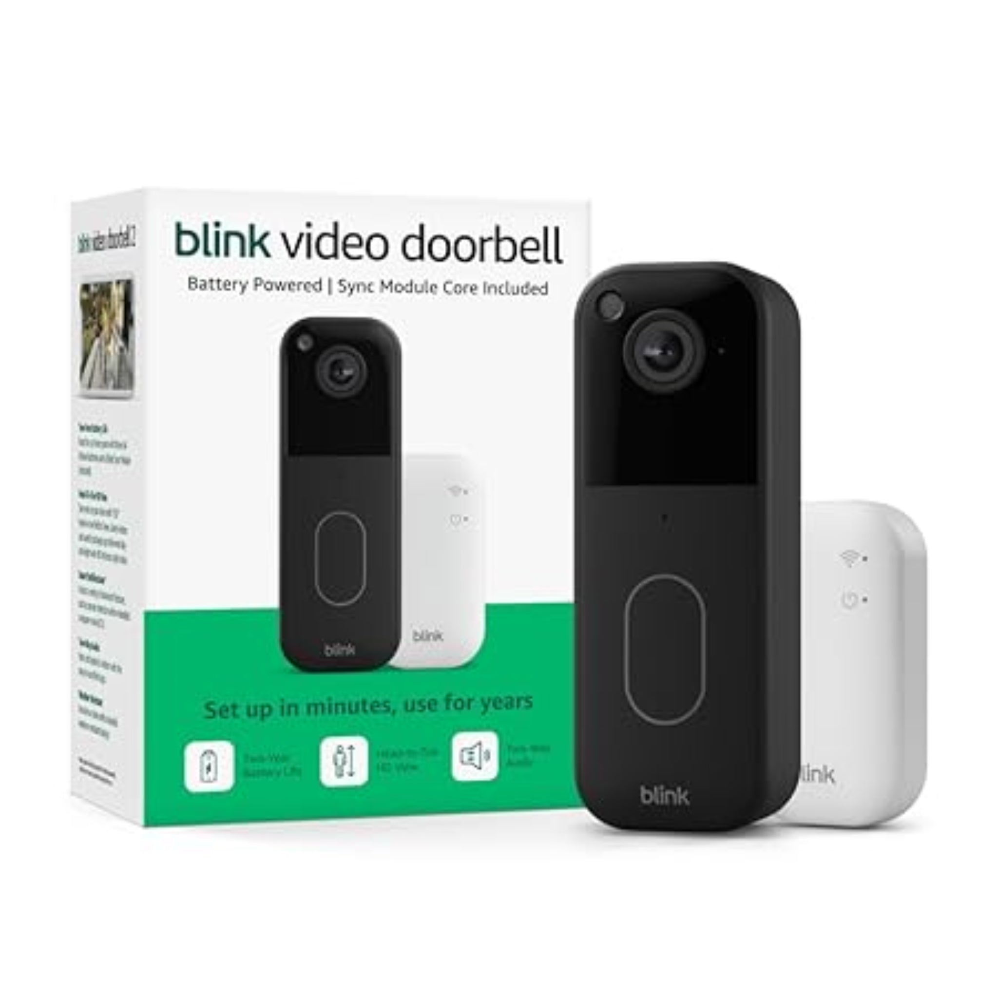 Blink Video Doorbell (modelo más reciente) – Visión HD de la cabeza a los pies, dos años de duración de la batería y configuración sencilla. Sync Module Core incluido – Sistema (negro)