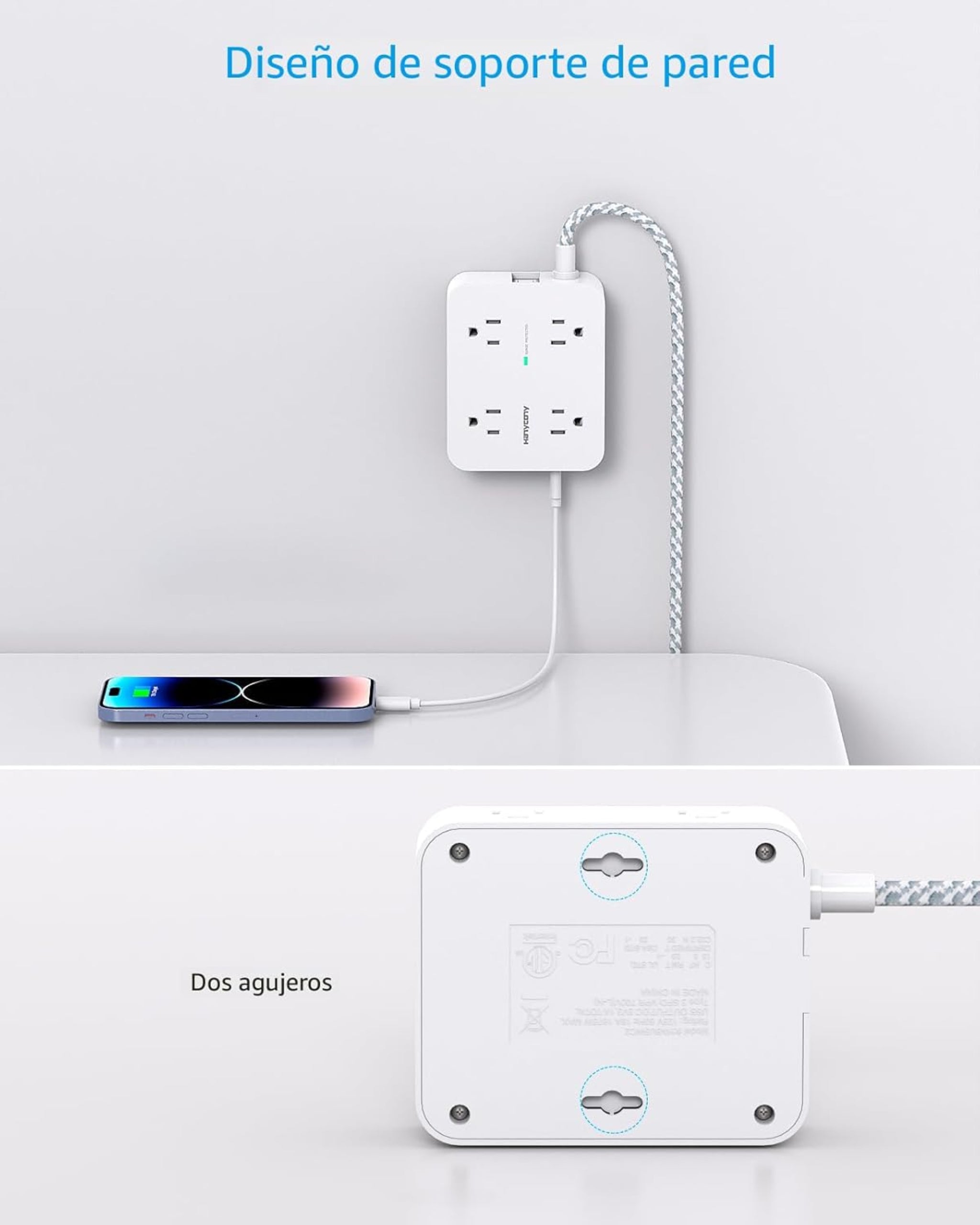 Regleta protectora de sobretensiones HANYCONY de 10 pies - Blanco, cable de extensión con 8 salidas de CA, 4 puertos USB (2 USB C), enchufe plano, estación de carga USB para escritorio de montaje en pared