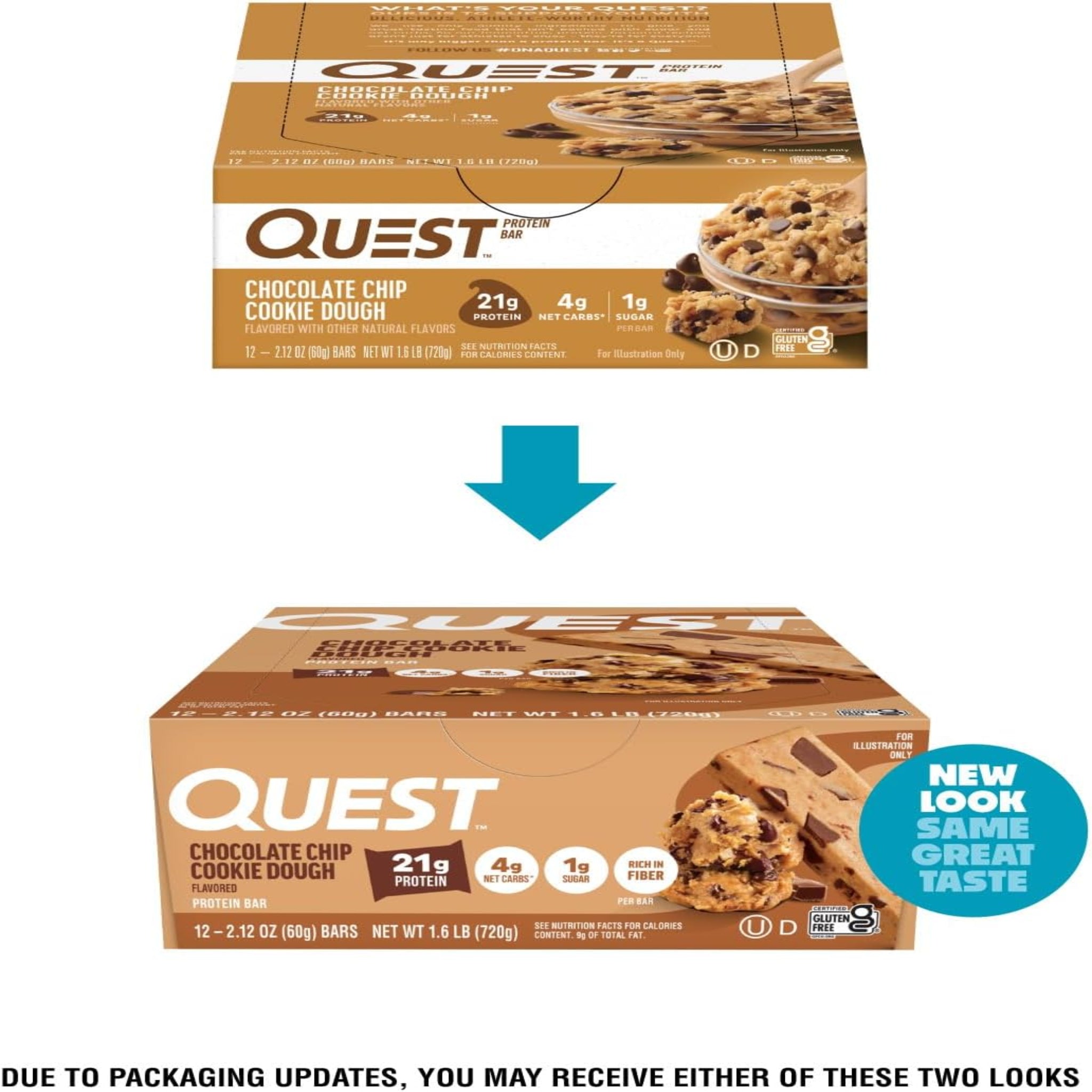 Quest Nutrition Barras de proteína de masa de galletas con chispas de chocolate, 21g de proteína, 1g de azúcar, 4g de carbohidratos netos, alto en fibra, sin gluten, apto para dieta keto, 12 unidades