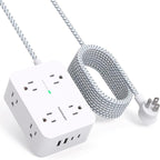 Regleta protectora de sobretensiones HANYCONY de 10 pies - Blanco, cable de extensión con 8 salidas de CA, 4 puertos USB (2 USB C), enchufe plano, estación de carga USB para escritorio de montaje en pared