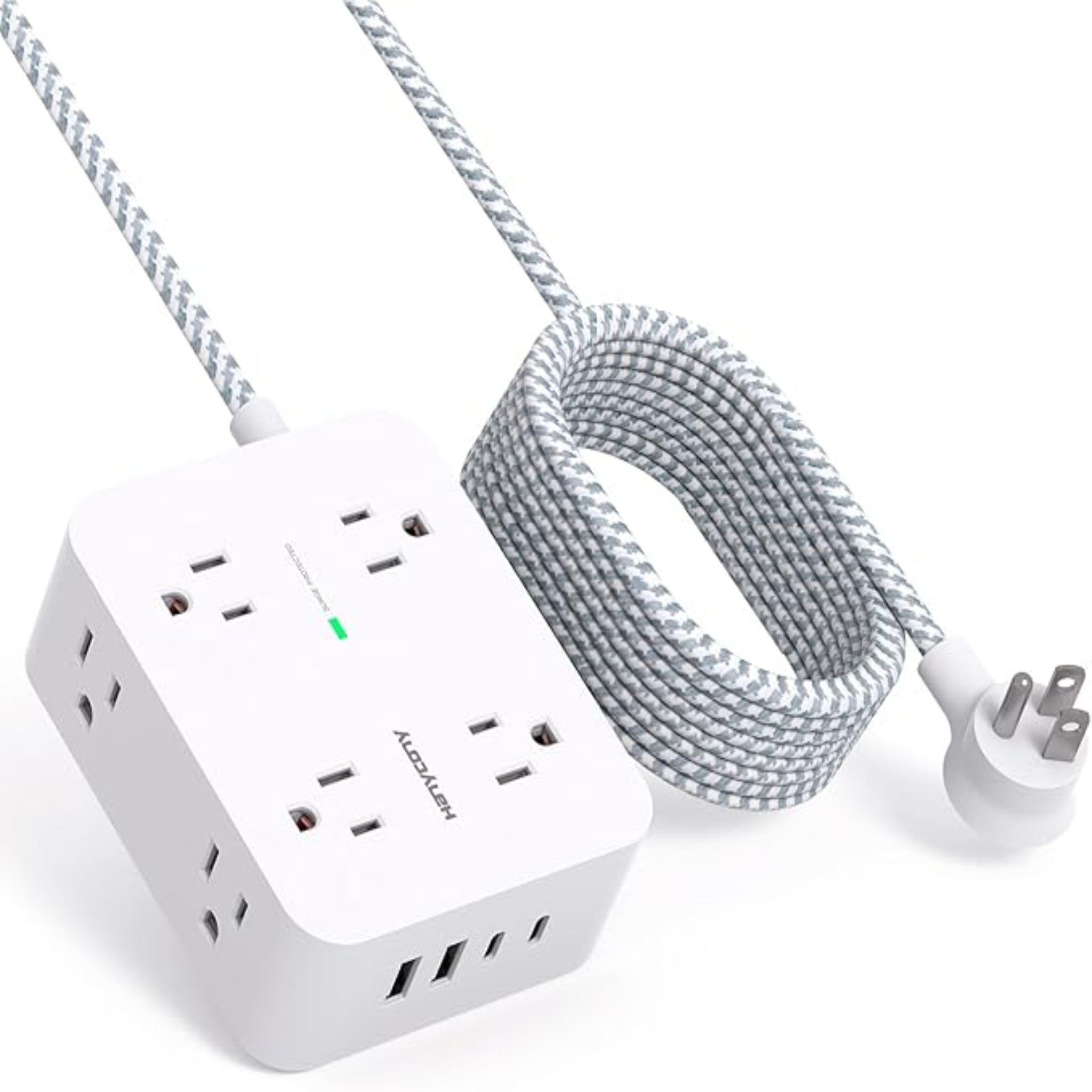 Regleta protectora de sobretensiones HANYCONY de 10 pies - Blanco, cable de extensión con 8 salidas de CA, 4 puertos USB (2 USB C), enchufe plano, estación de carga USB para escritorio de montaje en pared