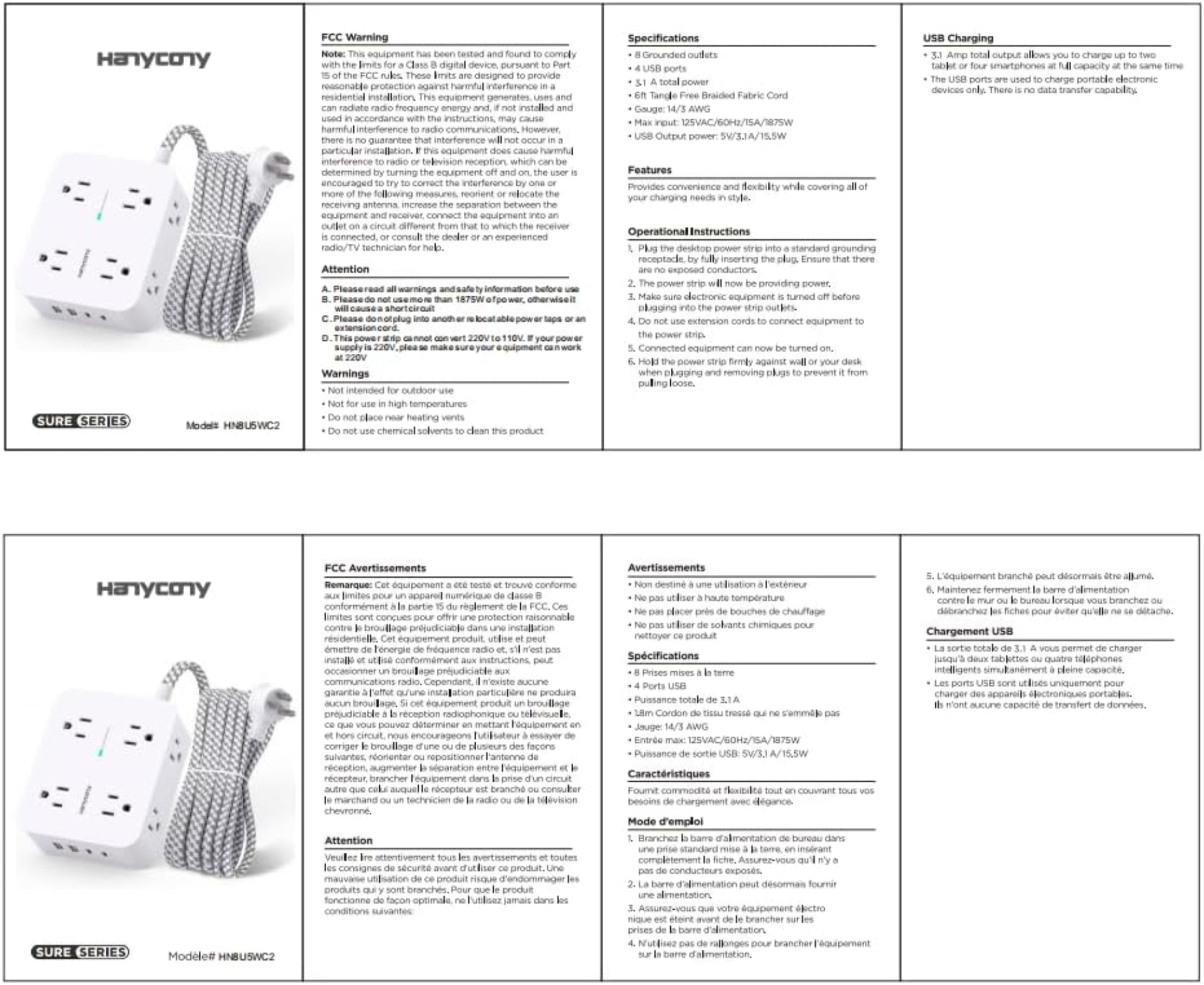 Regleta protectora de sobretensiones HANYCONY de 5 pies - Blanco, cable de extensión con 8 salidas de CA, 4 puertos USB (2 USB C), enchufe plano, estación de carga USB para escritorio de montaje en pared