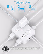 Regleta protectora de sobretensiones HANYCONY de 10 pies - Blanco, cable de extensión con 8 salidas de CA, 4 puertos USB (2 USB C), enchufe plano, estación de carga USB para escritorio de montaje en pared
