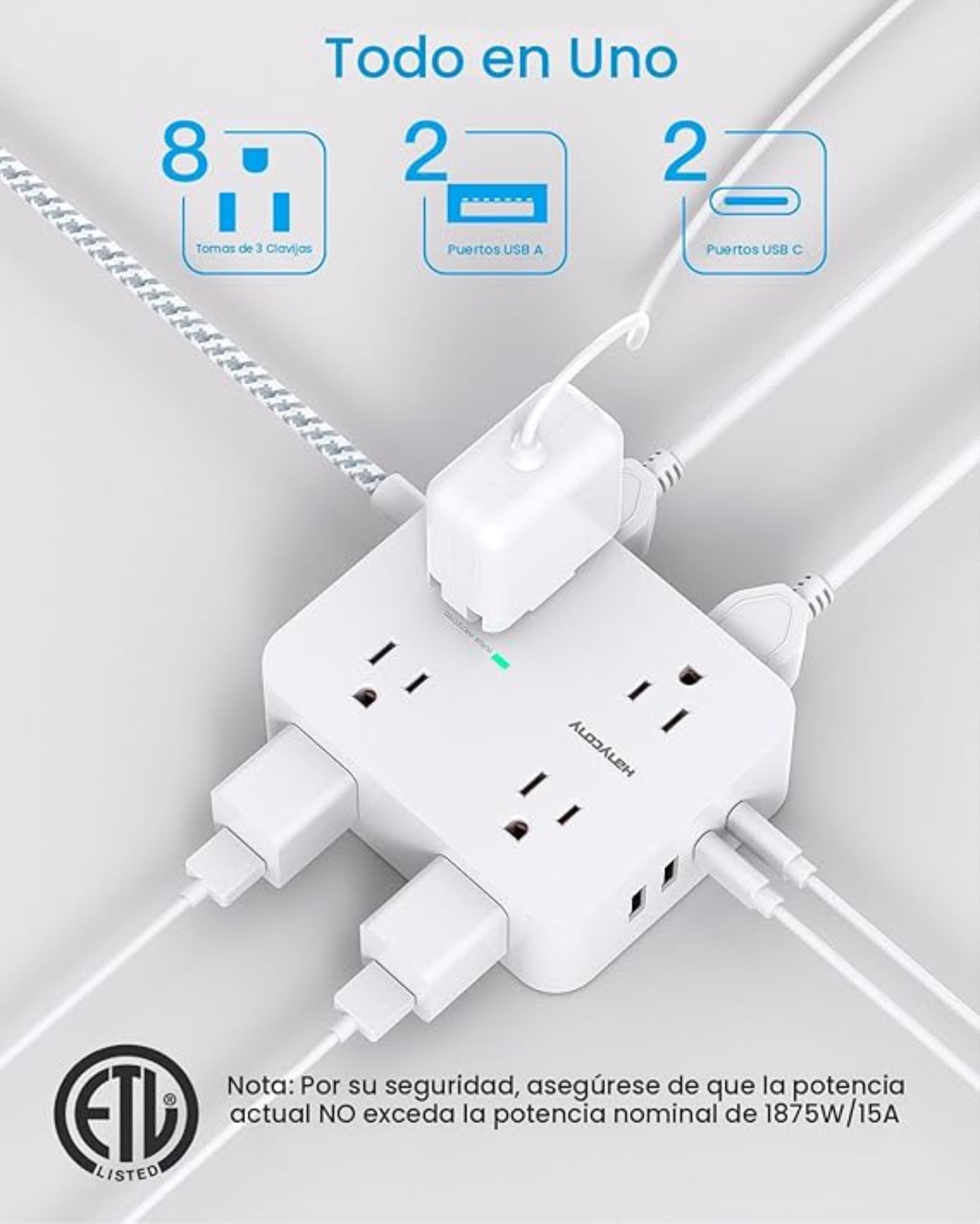 Regleta protectora de sobretensiones HANYCONY de 5 pies - Blanco, cable de extensión con 8 salidas de CA, 4 puertos USB (2 USB C), enchufe plano, estación de carga USB para escritorio de montaje en pared