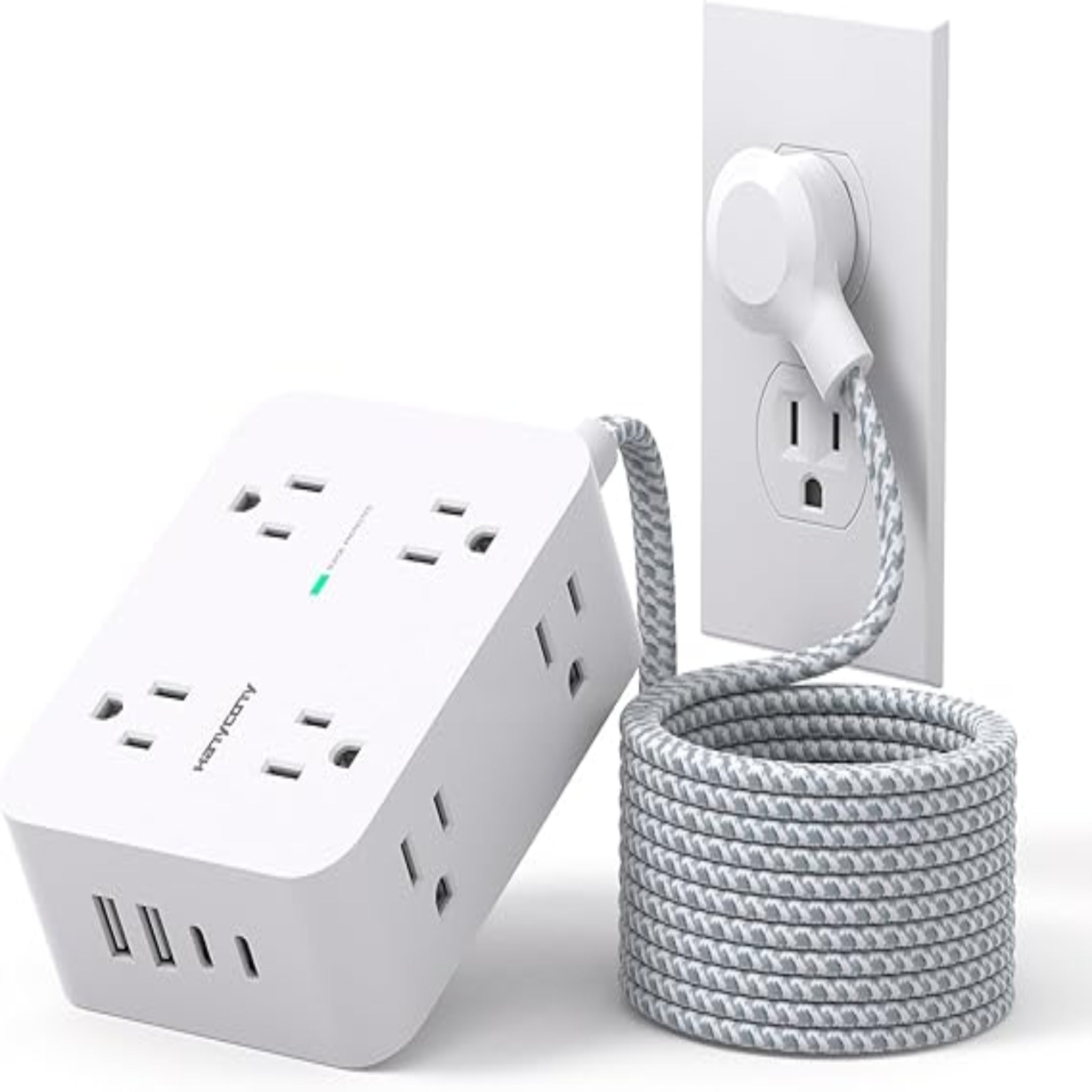 Regleta protectora de sobretensiones HANYCONY de 25 pies - Blanco, cable de extensión con 8 salidas de CA, 4 puertos USB (2 USB C), enchufe plano, estación de carga USB para escritorio de montaje en pared