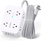 Regleta protectora de sobretensiones HANYCONY de 5 pies - Blanco, cable de extensión con 8 salidas de CA, 4 puertos USB (2 USB C), enchufe plano, estación de carga USB para escritorio de montaje en pared