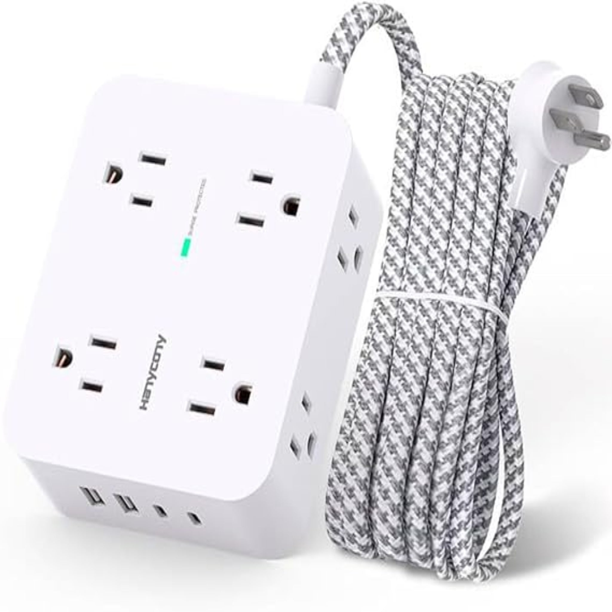Regleta protectora de sobretensiones HANYCONY de 5 pies - Blanco, cable de extensión con 8 salidas de CA, 4 puertos USB (2 USB C), enchufe plano, estación de carga USB para escritorio de montaje en pared