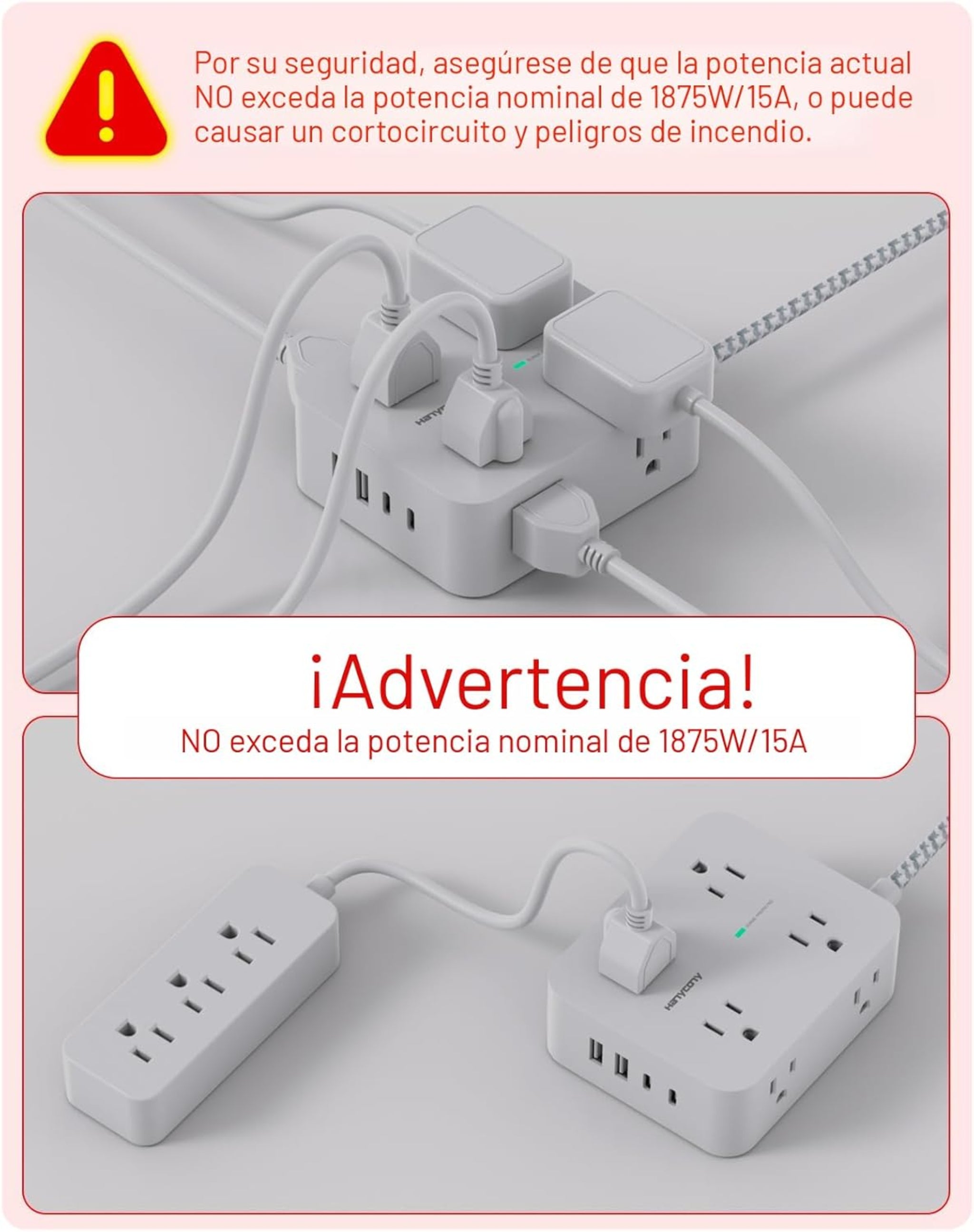 Regleta protectora de sobretensiones HANYCONY de 10 pies - Blanco, cable de extensión con 8 salidas de CA, 4 puertos USB (2 USB C), enchufe plano, estación de carga USB para escritorio de montaje en pared