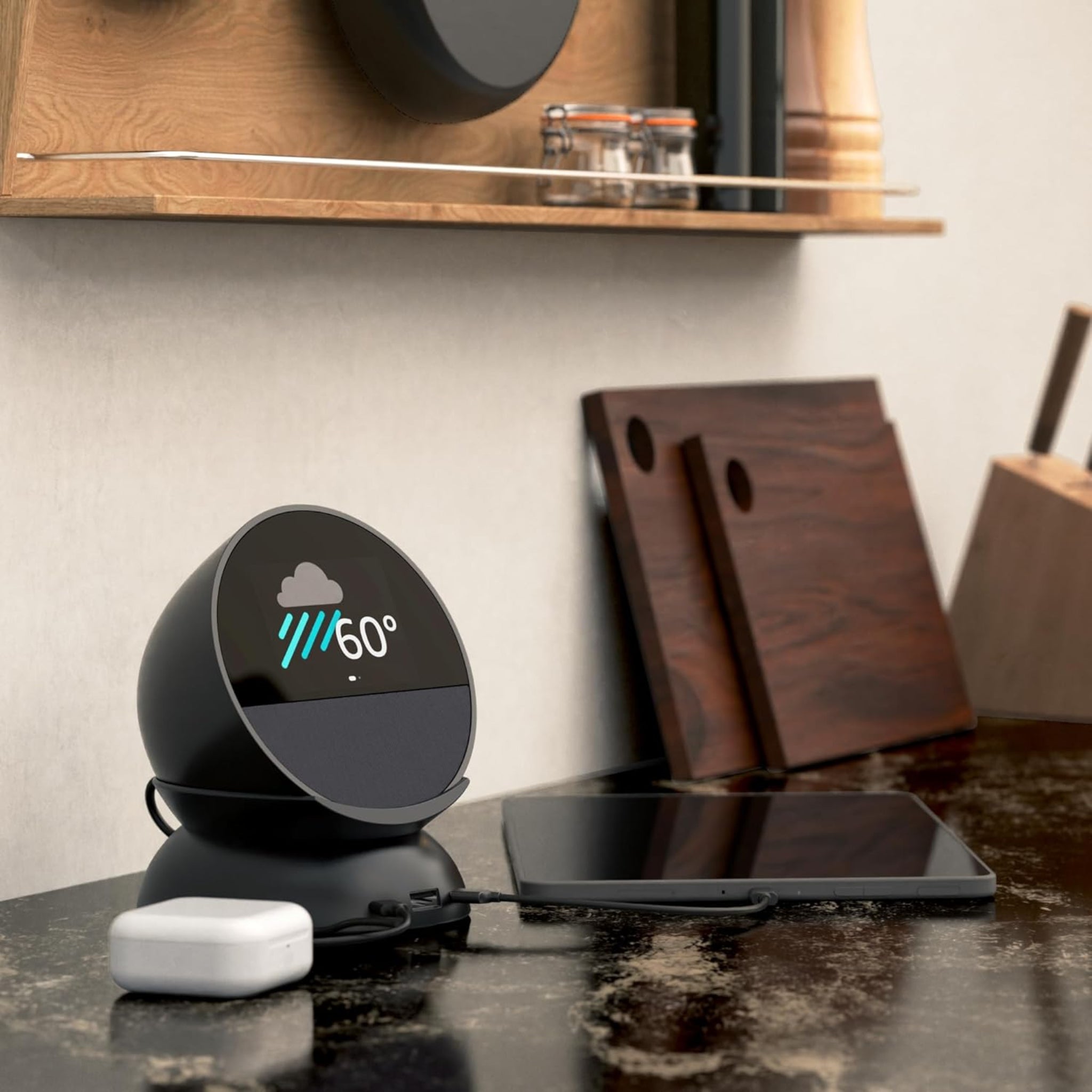 Base para Amazon Echo Spot con puertos de carga USB-C y USB-A