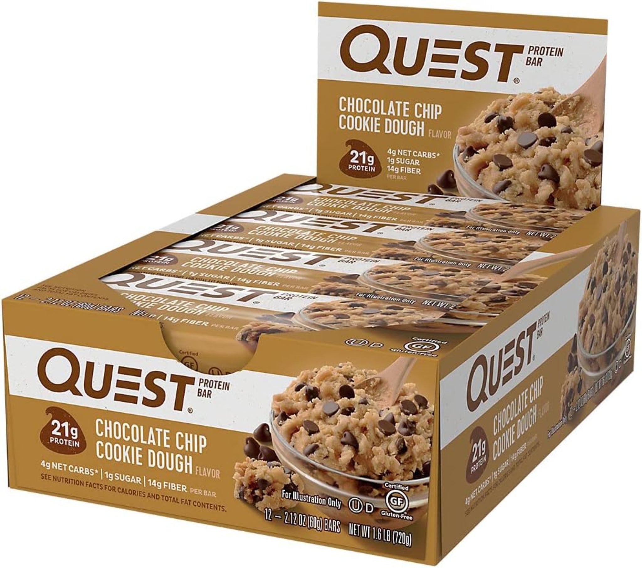 Quest Nutrition Barras de proteína de masa de galletas con chispas de chocolate, 21g de proteína, 1g de azúcar, 4g de carbohidratos netos, alto en fibra, sin gluten, apto para dieta keto, 12 unidades