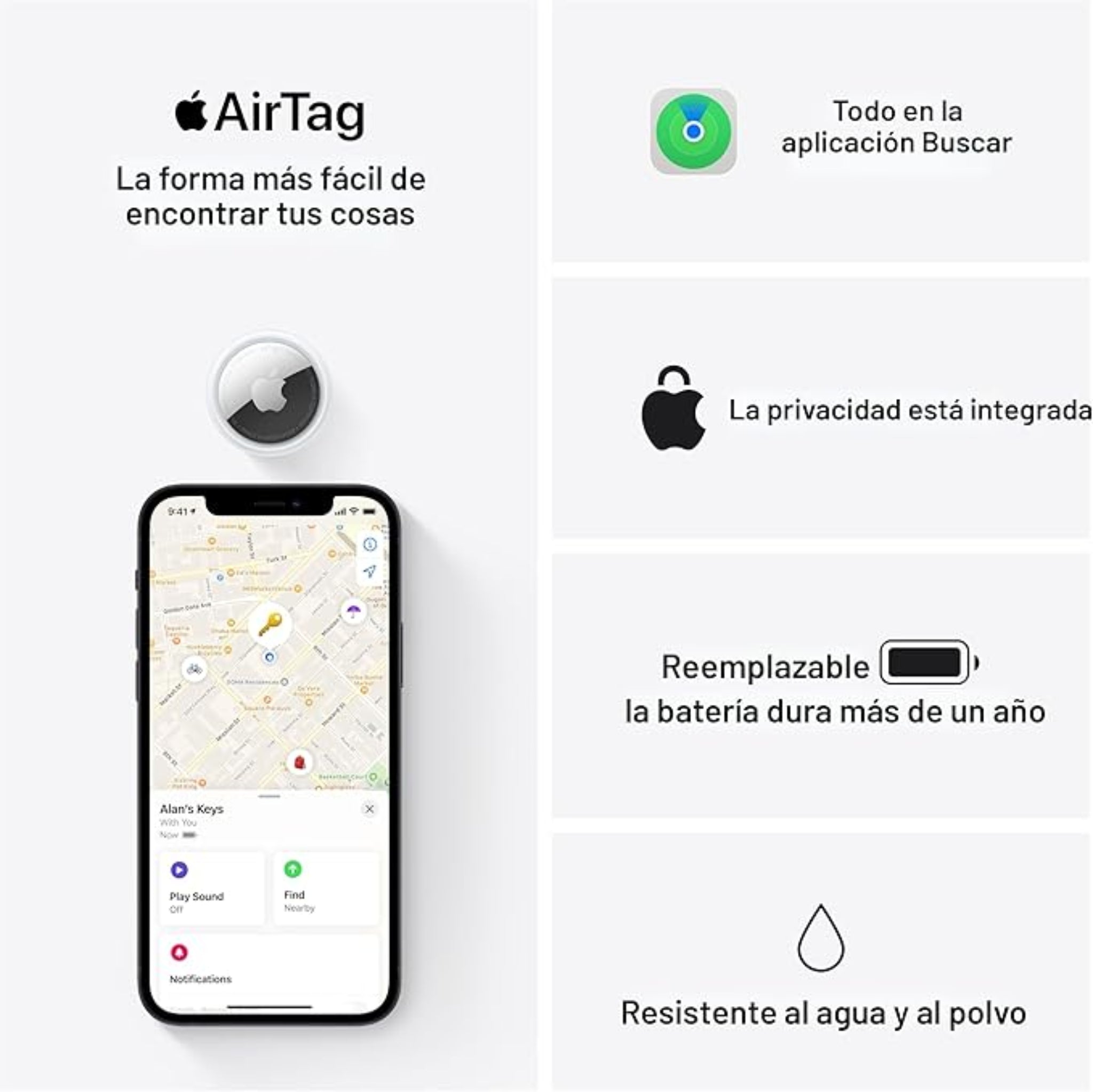 Apple AirTag. Mantén un seguimiento y encuentra tus llaves, cartera, equipaje, mochila y más. Configuración sencilla de un solo toque con iPhone o iPad