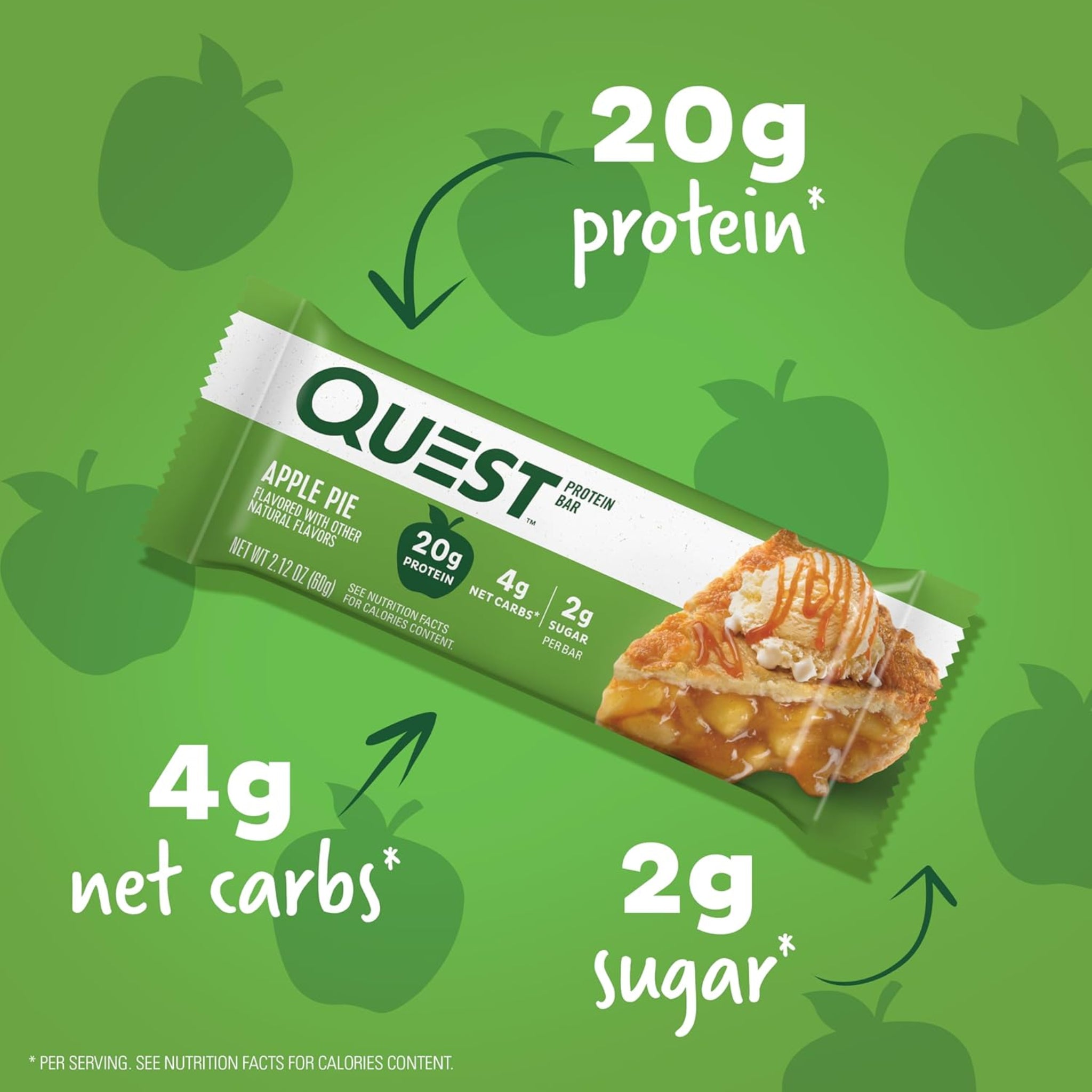Quest Nutrition Barras de proteína de Pastel de Manzana, 20g de proteína, 2g de azúcar, 4g de carbohidratos netos, alto en fibra, sin gluten, apto para dieta keto, 12 unidades