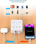 Regleta protectora de sobretensiones HANYCONY de 5 pies - Blanco, cable de extensión con 8 salidas de CA, 4 puertos USB (2 USB C), enchufe plano, estación de carga USB para escritorio de montaje en pared