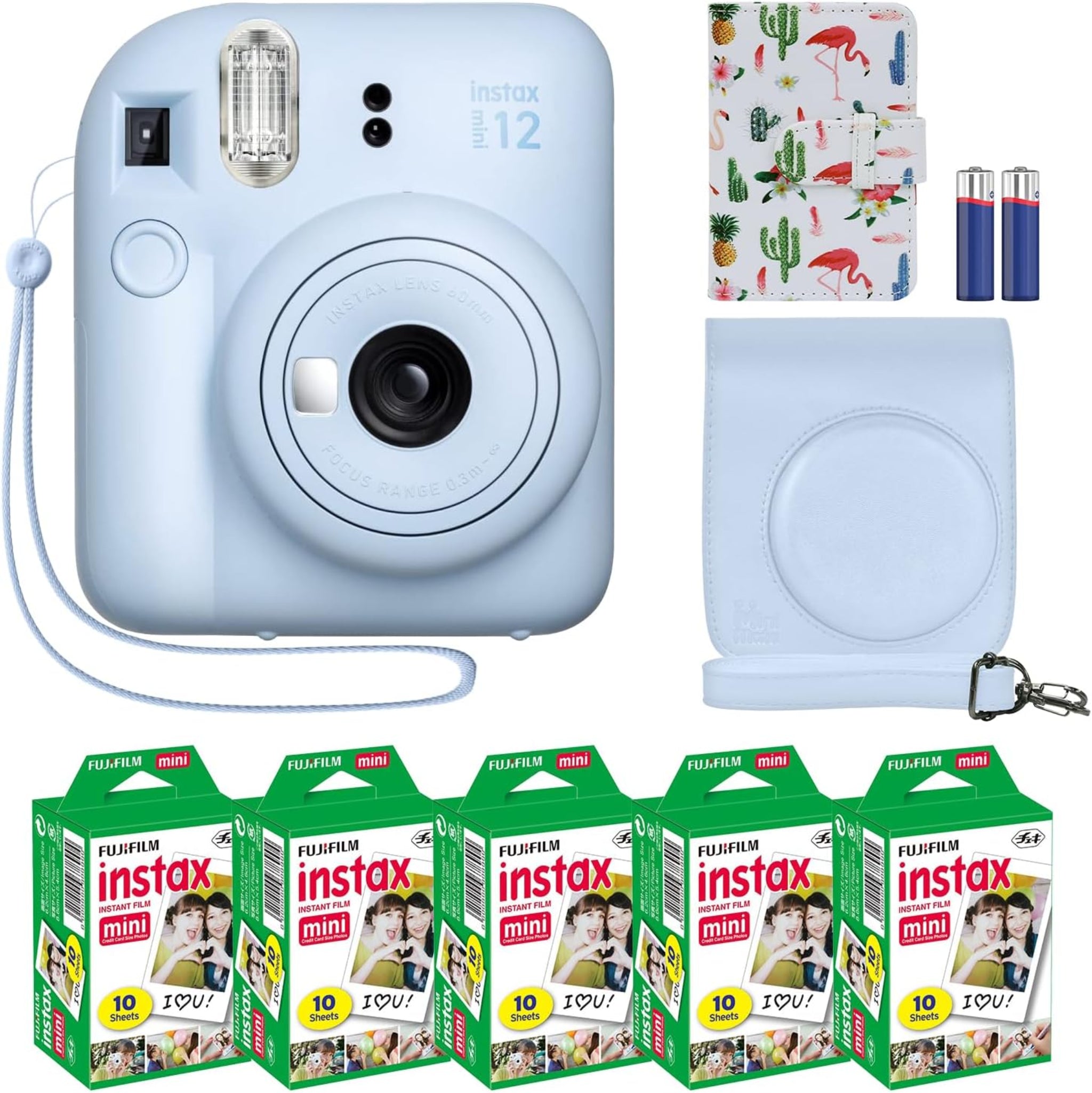 Fujifilm Cámara instantánea Instax Mini 12 + paquete de accesorios MiniMate y funda personalizada compatible + paquete económico de película Fuji Instax (50 hojas), álbum de fotos de diseño Flamingo