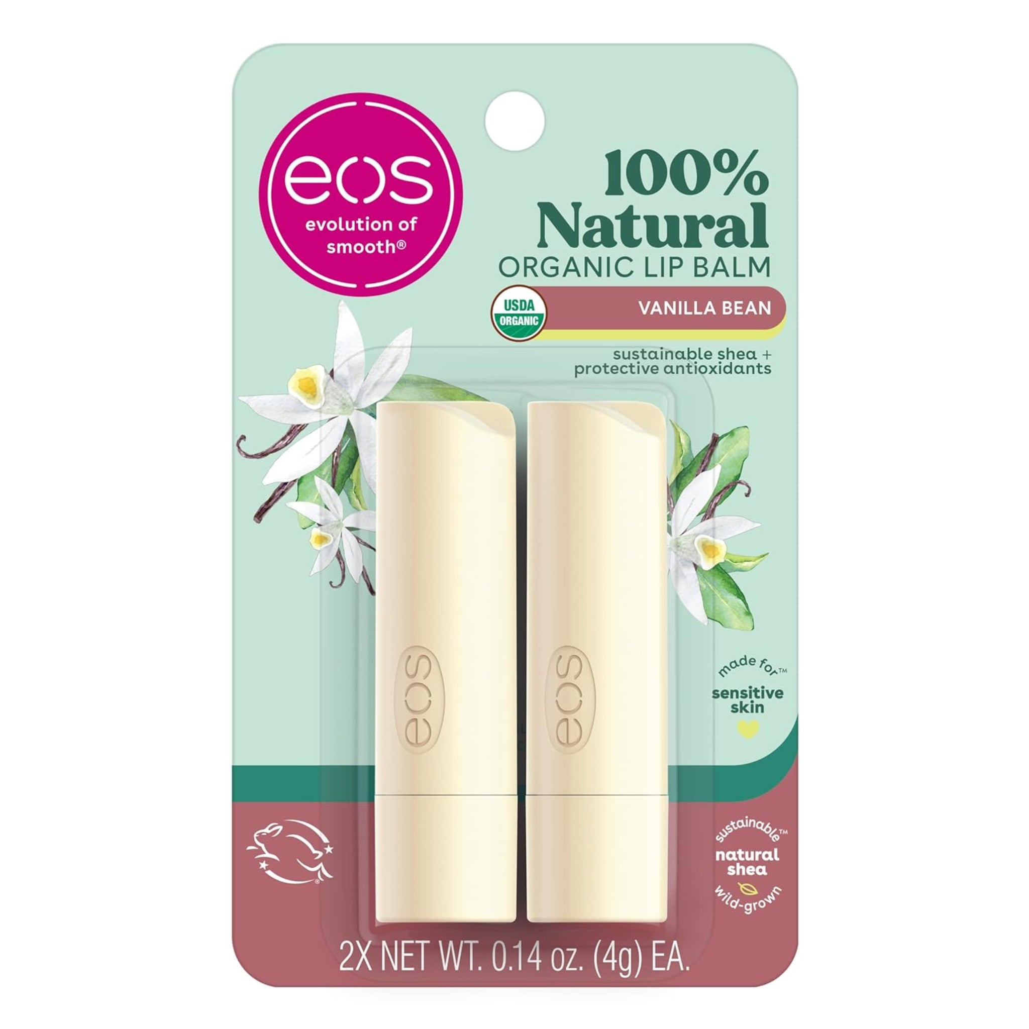 eos Bálsamo labial Vainilla Paquete de 2, 100% natural y orgánico, bálsamo labial totalmente natural, hidratación durante todo el día, recomendado por dermatólogos, 0.14 onzas cada uno