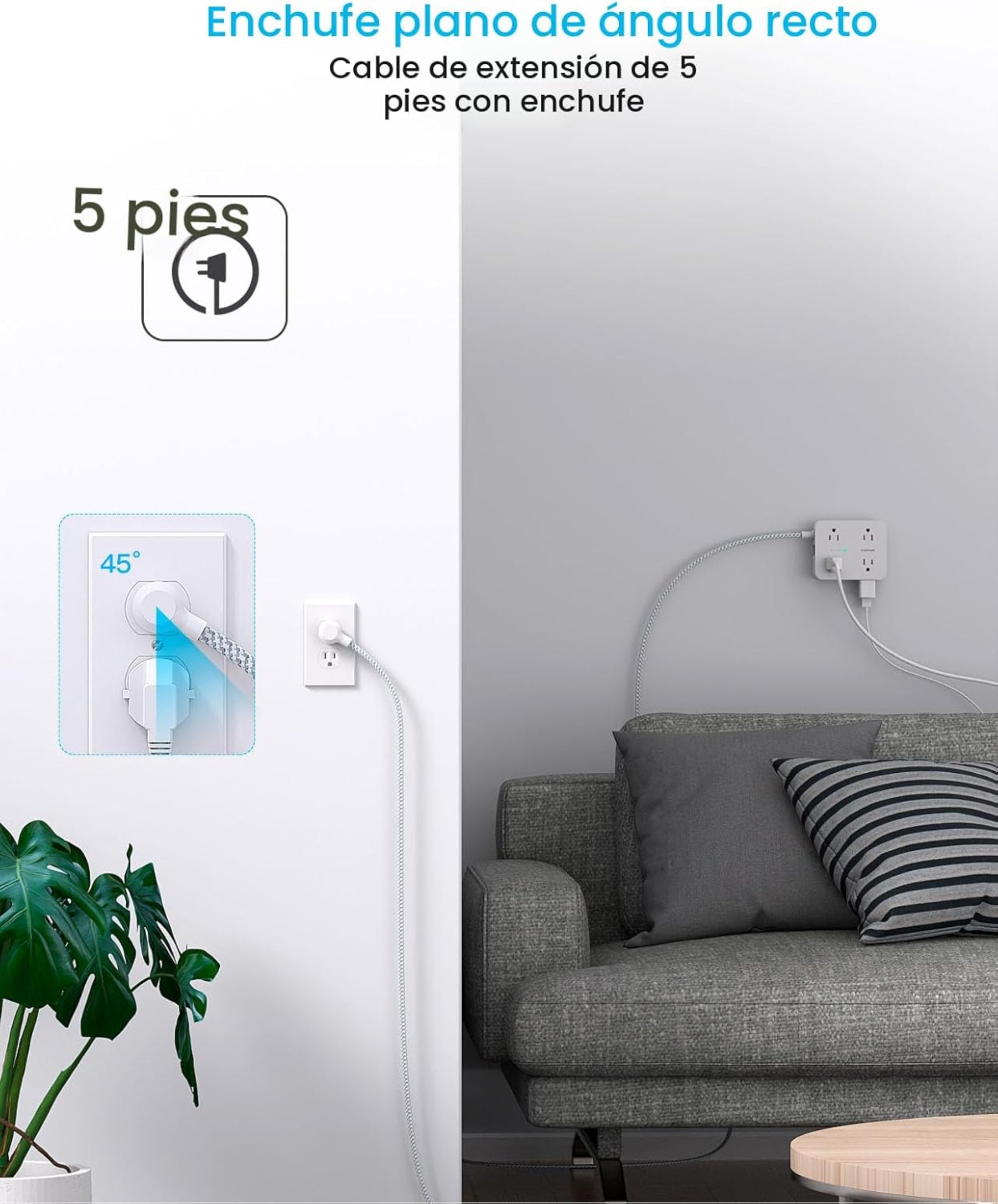 Regleta protectora de sobretensiones HANYCONY de 5 pies - Blanco, cable de extensión con 8 salidas de CA, 4 puertos USB (2 USB C), enchufe plano, estación de carga USB para escritorio de montaje en pared