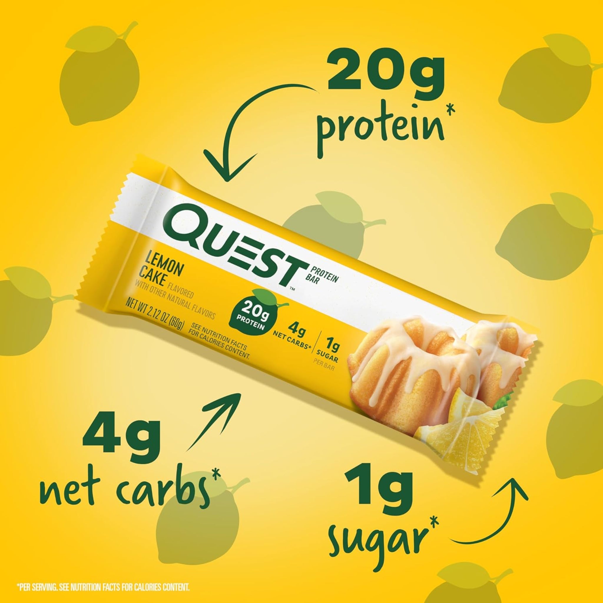 Quest Nutrition Barras de proteína de Pastel de Limón, 20g de proteína, 1g de azúcar, 4g de carbohidratos netos, alto en fibra, sin gluten, apto para dieta keto, 12 unidades
