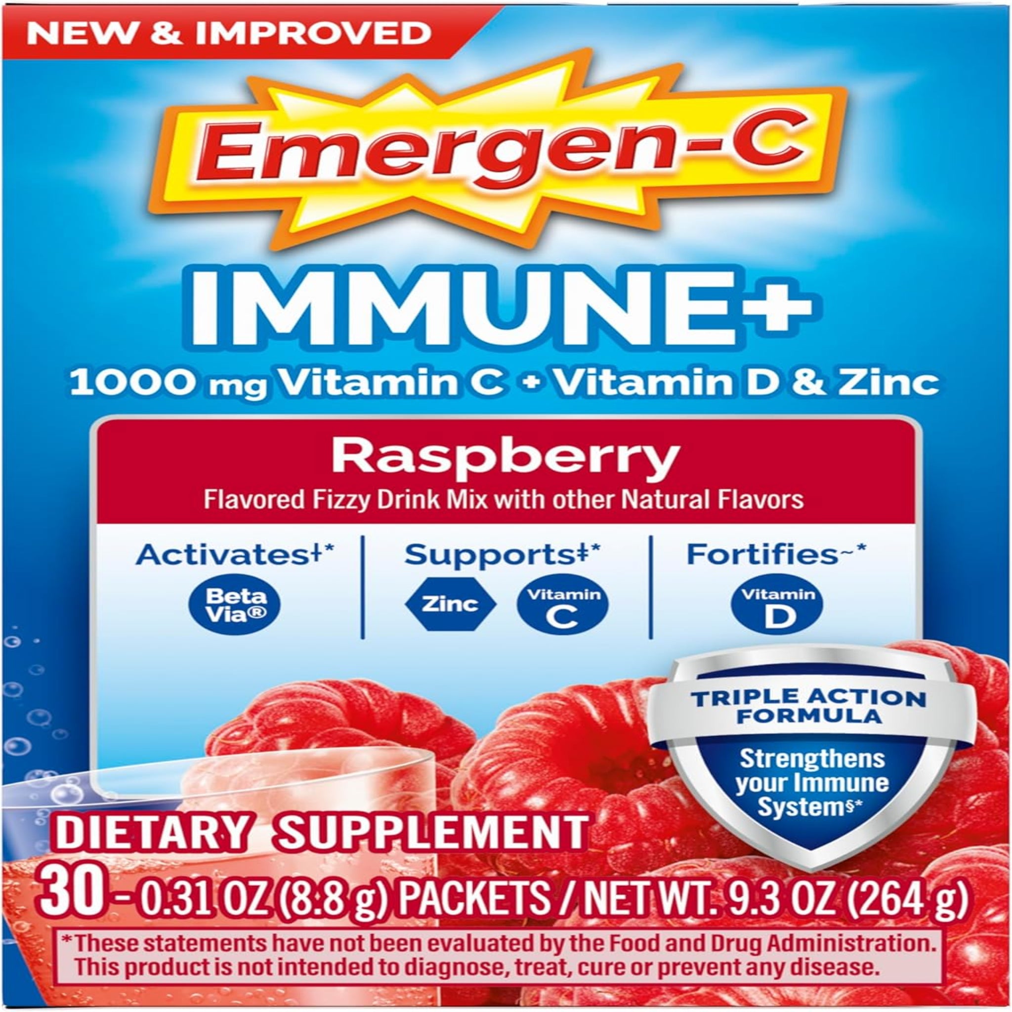 Emergen-C Immune+ | Polvo de Apoyo Inmunológico de Triple Acción sabor Frambuesa, BetaVia (R), 1000 mg de Vitamina C, Vitaminas B, Vitamina D y Antioxidantes, 30 Unidades