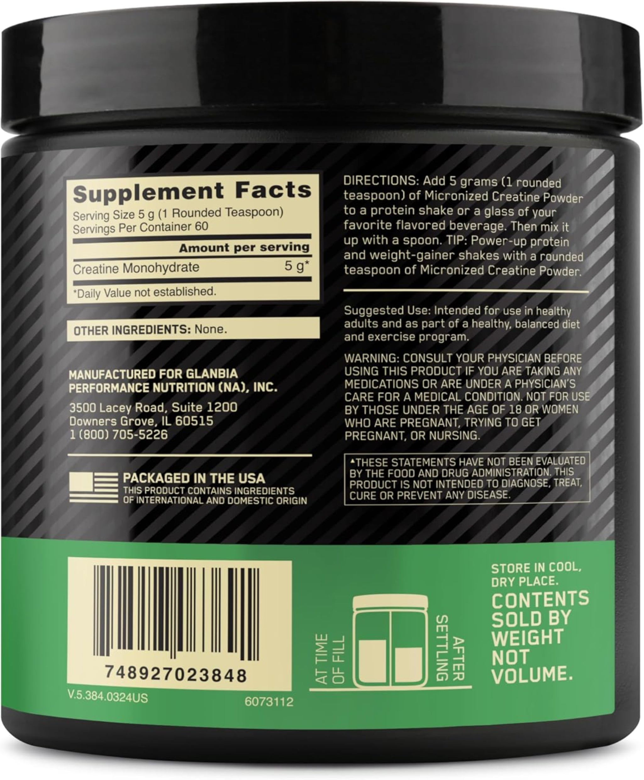 Optimum Nutrition Creatina Micronizada Monohidrato en Polvo, Sin Sabor, 60 Porciones
