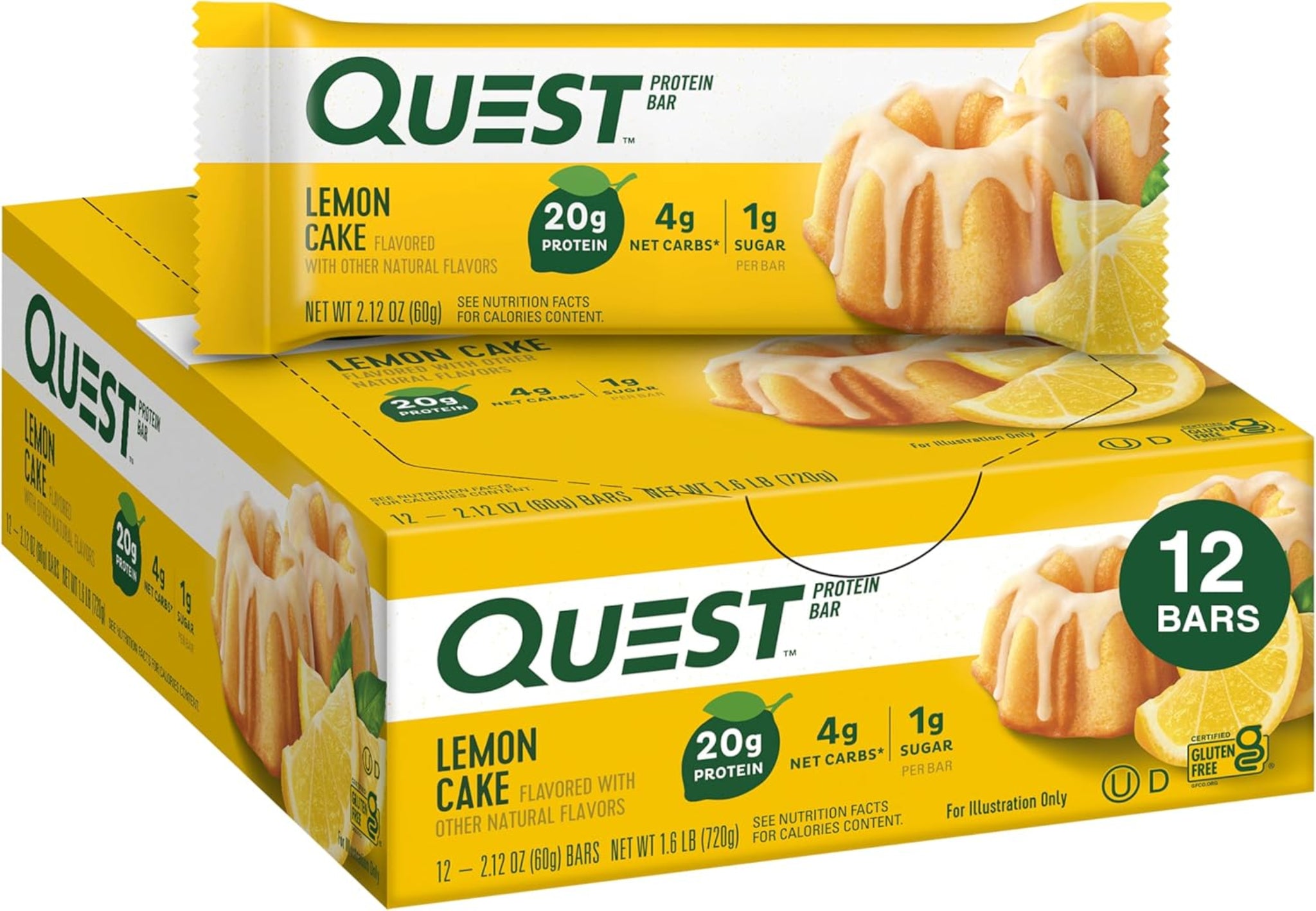 Quest Nutrition Barras de proteína de Pastel de Limón, 20g de proteína, 1g de azúcar, 4g de carbohidratos netos, alto en fibra, sin gluten, apto para dieta keto, 12 unidades