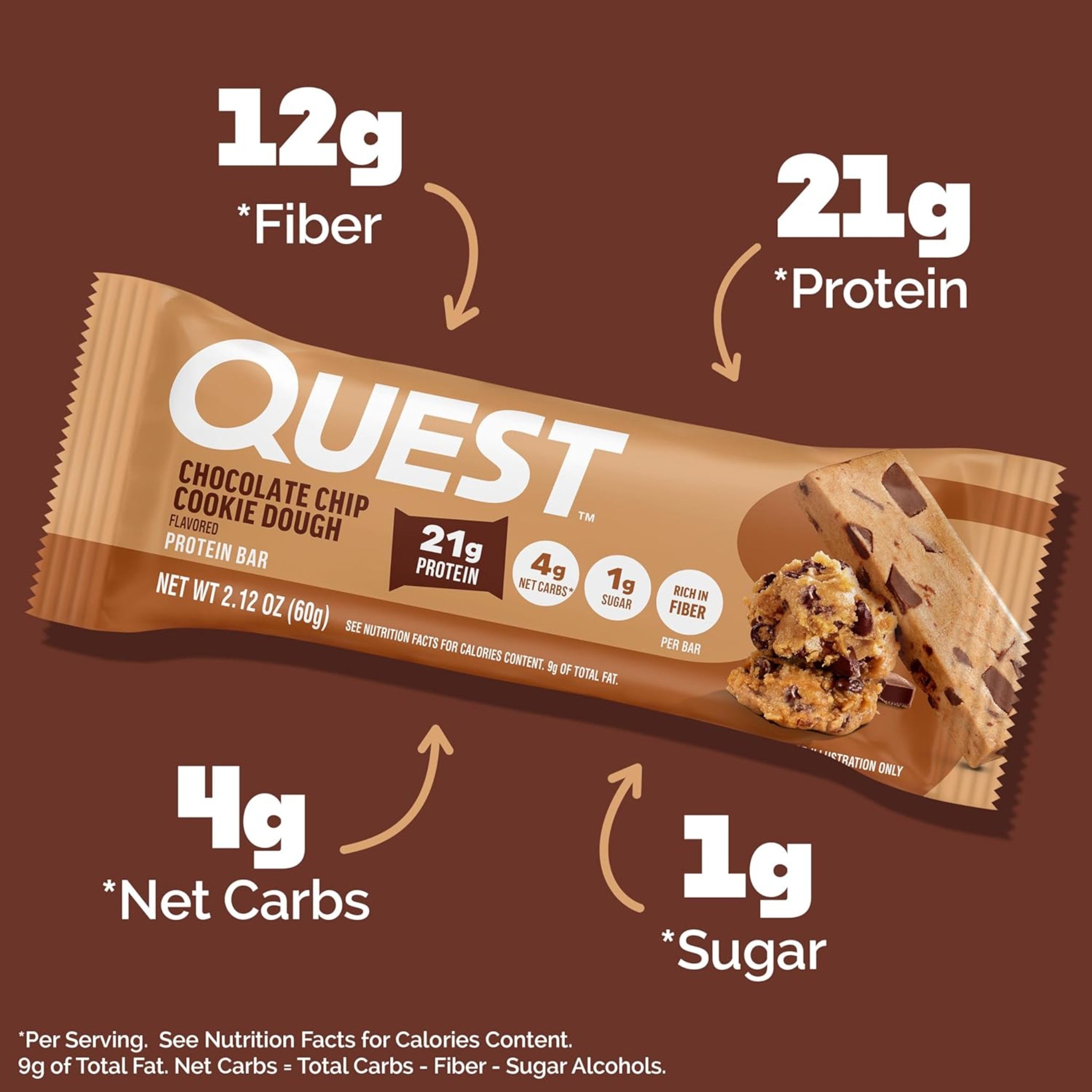 Quest Nutrition Barras de proteína de masa de galletas con chispas de chocolate, 21g de proteína, 1g de azúcar, 4g de carbohidratos netos, alto en fibra, sin gluten, apto para dieta keto, 12 unidades