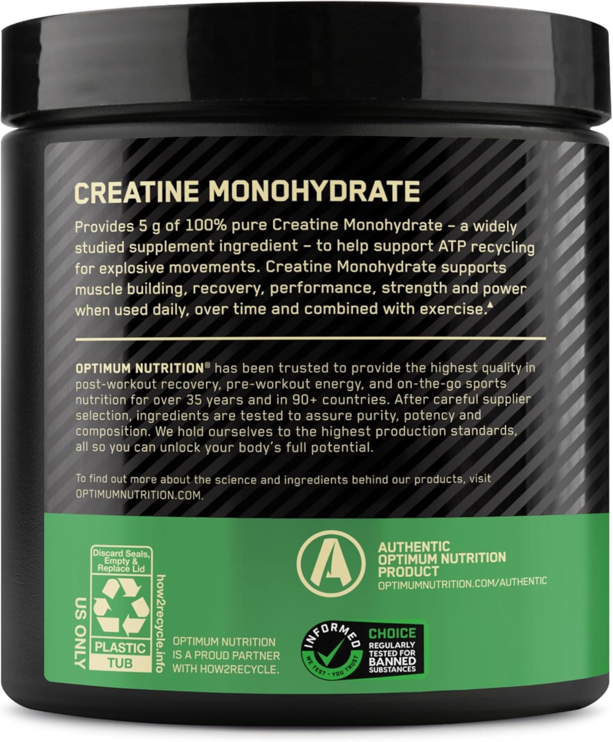 Optimum Nutrition Creatina Micronizada Monohidrato en Polvo, Sin Sabor, 60 Porciones