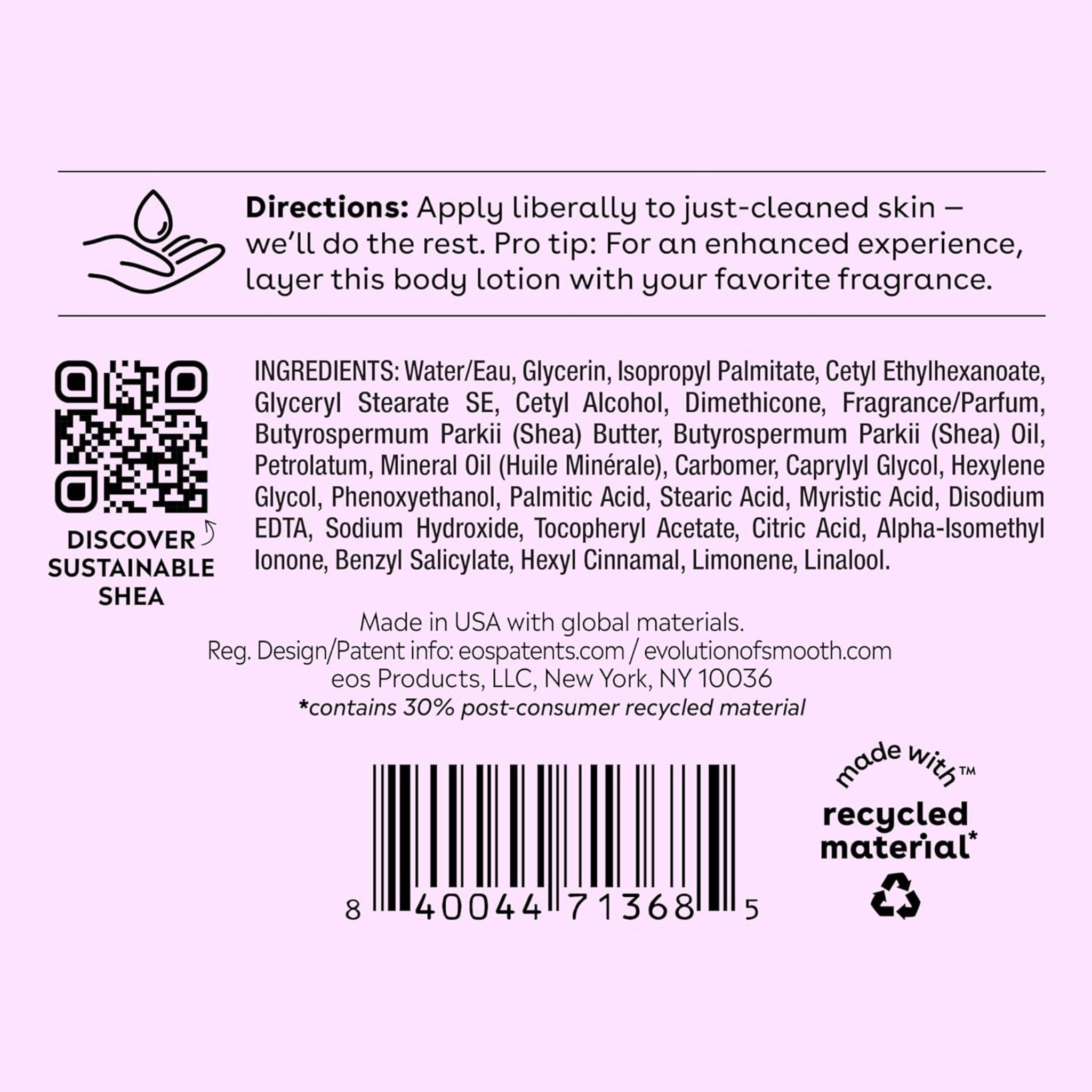 eos Shea Better Loción corporal Fresca y Acogedora, cuidado de la piel con humedad las 24 horas, ligera y no grasosa, karité natural, vegano, 16 onzas líquidas