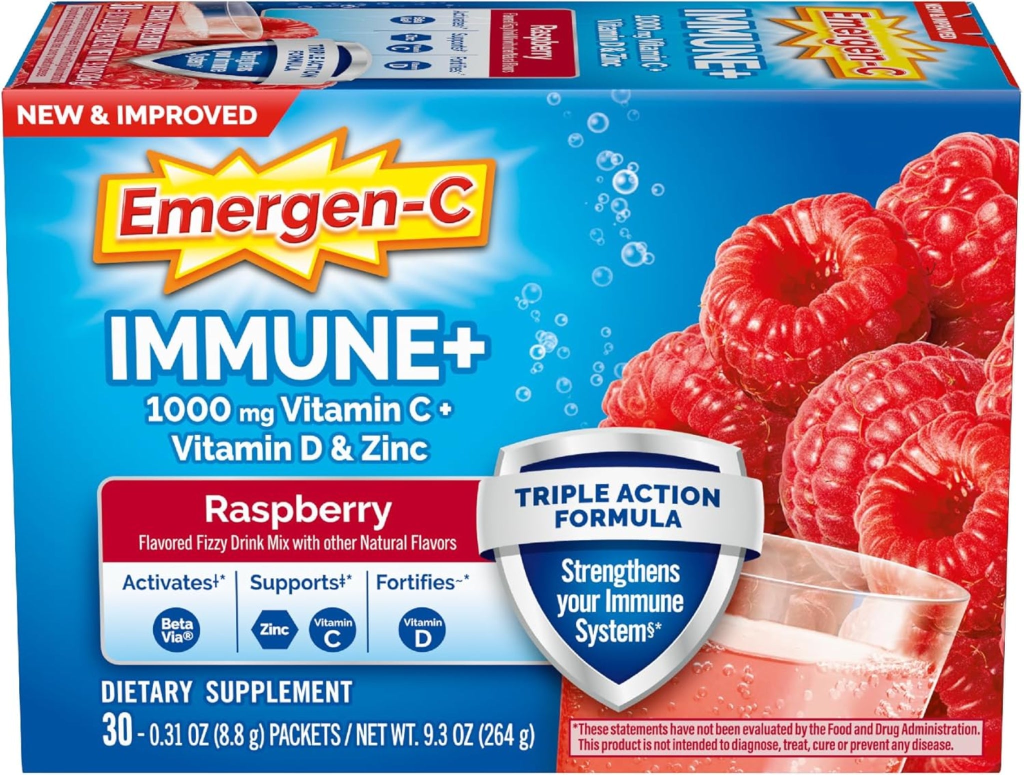 Emergen-C Immune+ | Polvo de Apoyo Inmunológico de Triple Acción sabor Frambuesa, BetaVia (R), 1000 mg de Vitamina C, Vitaminas B, Vitamina D y Antioxidantes, 30 Unidades