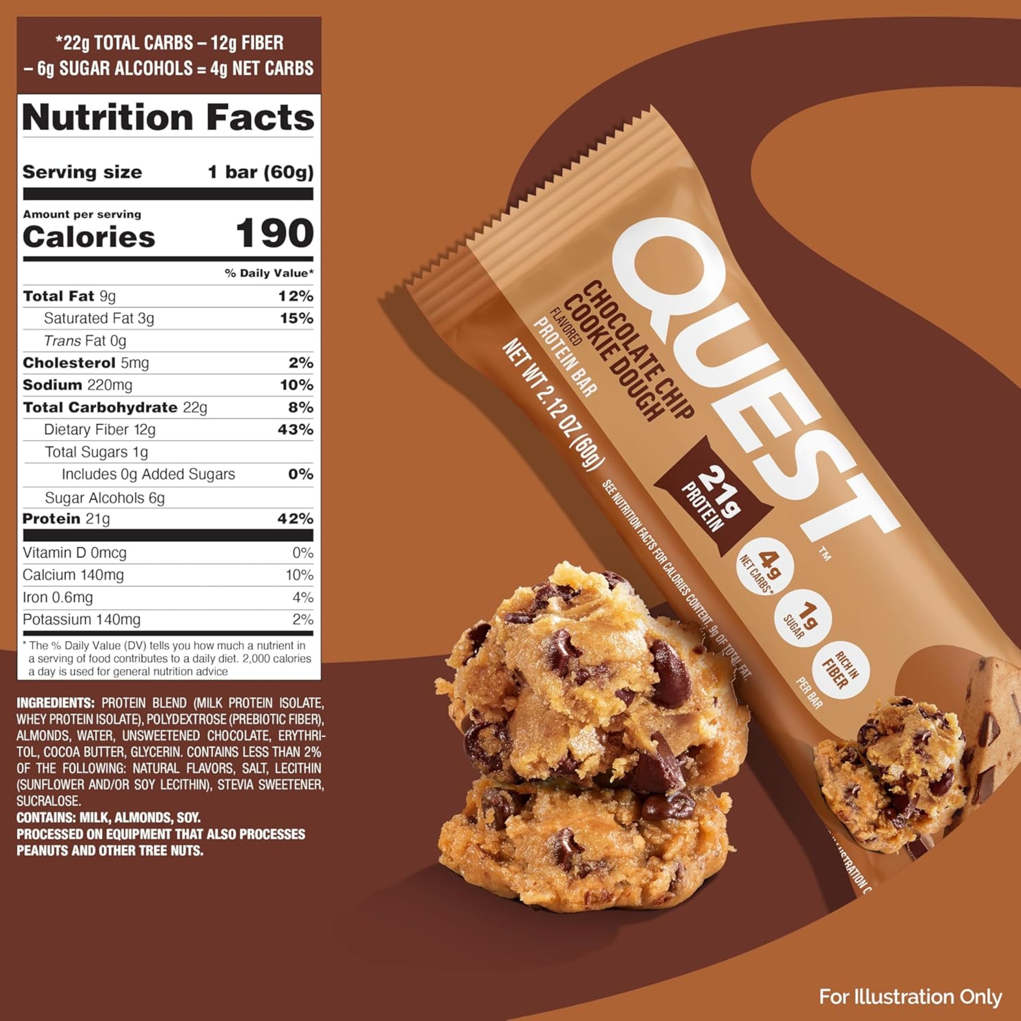 Quest Nutrition Barras de proteína de masa de galletas con chispas de chocolate, 21g de proteína, 1g de azúcar, 4g de carbohidratos netos, alto en fibra, sin gluten, apto para dieta keto, 12 unidades