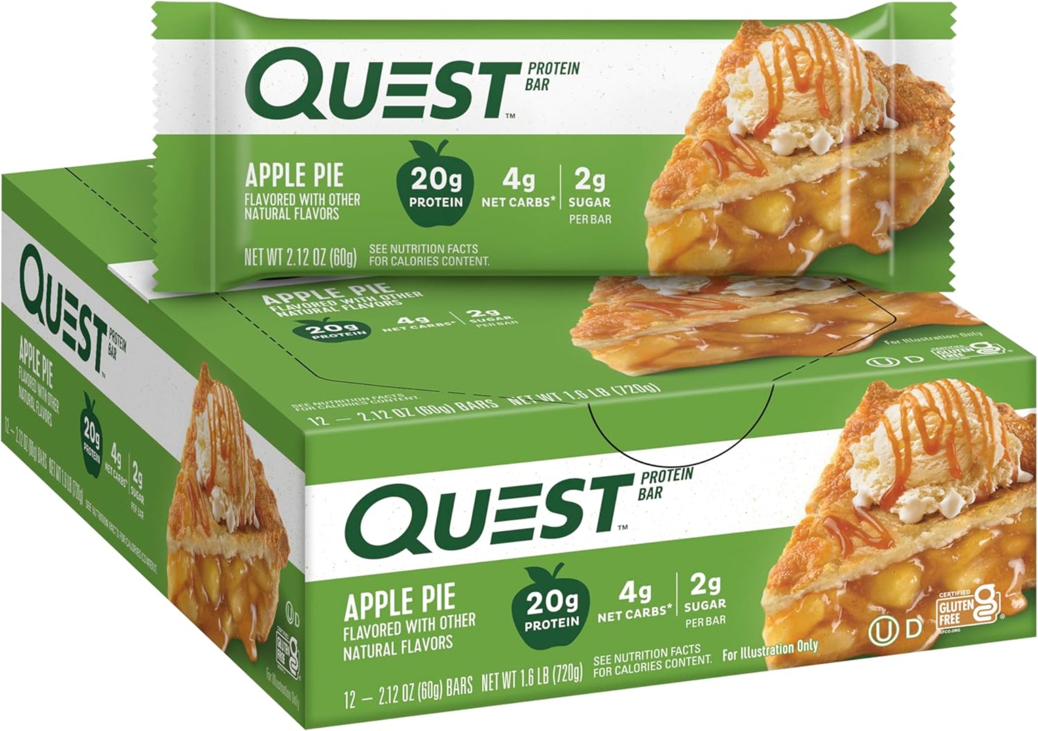 Quest Nutrition Barras de proteína de Pastel de Manzana, 20g de proteína, 2g de azúcar, 4g de carbohidratos netos, alto en fibra, sin gluten, apto para dieta keto, 12 unidades