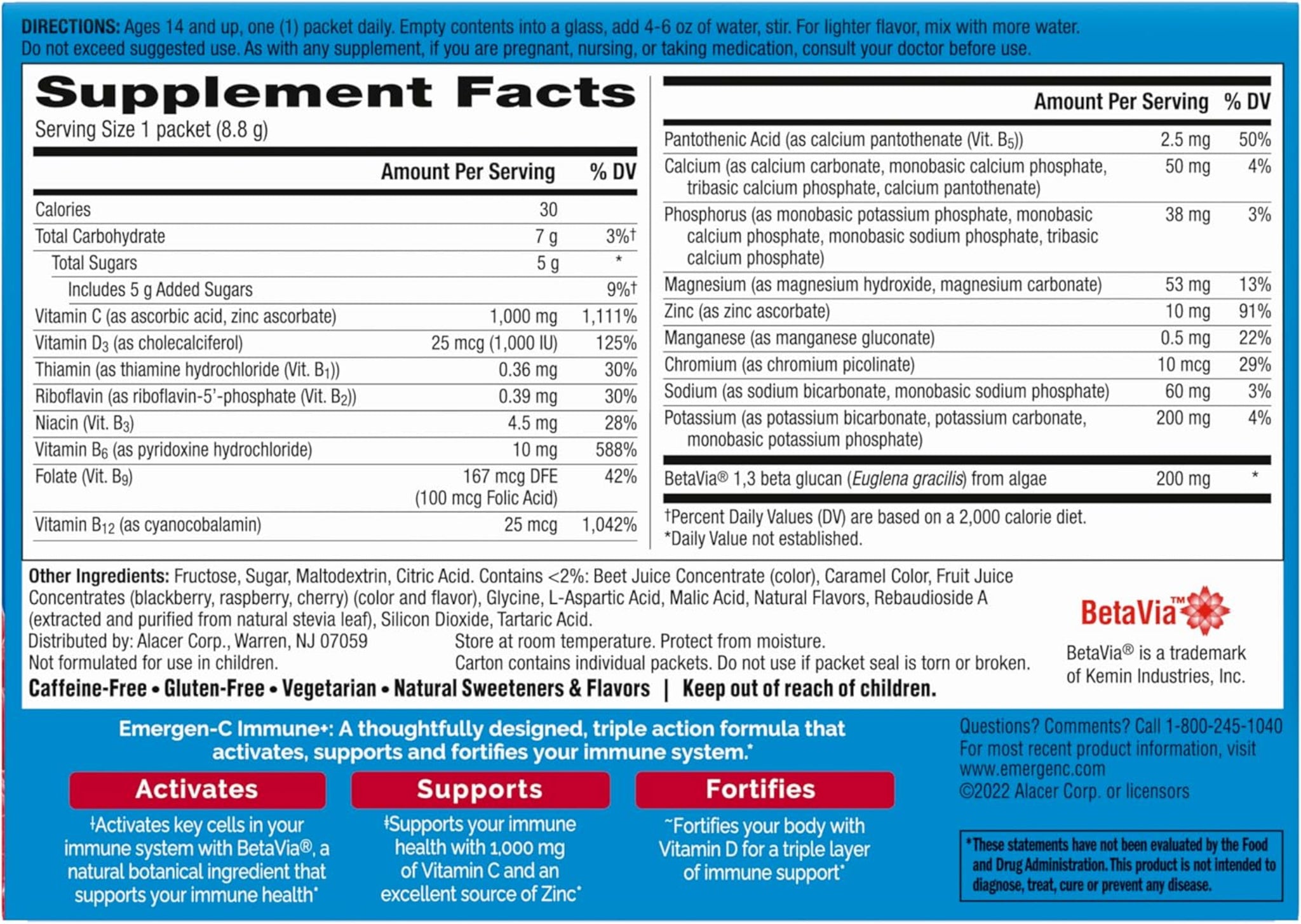 Emergen-C Immune+ | Polvo de Apoyo Inmunológico de Triple Acción sabor Frambuesa, BetaVia (R), 1000 mg de Vitamina C, Vitaminas B, Vitamina D y Antioxidantes, 30 Unidades