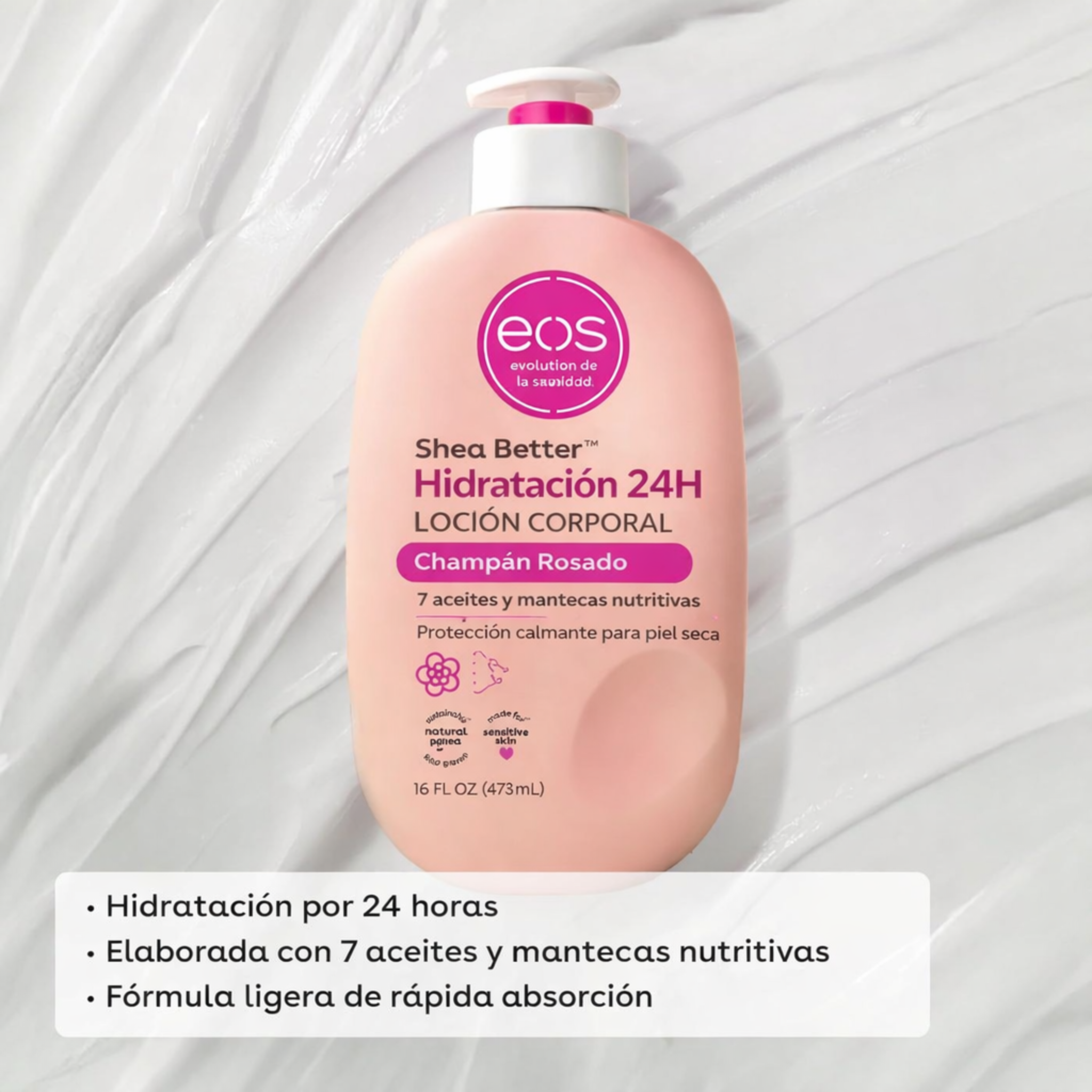 eos Crema Corporal Shea Better Champaña Rosa, Cuidado de la Piel Hidratante 24 Horas, Ligera y Sin Grasa, Manteca de Karité Natural, Vegana, 16 onzas líquidas