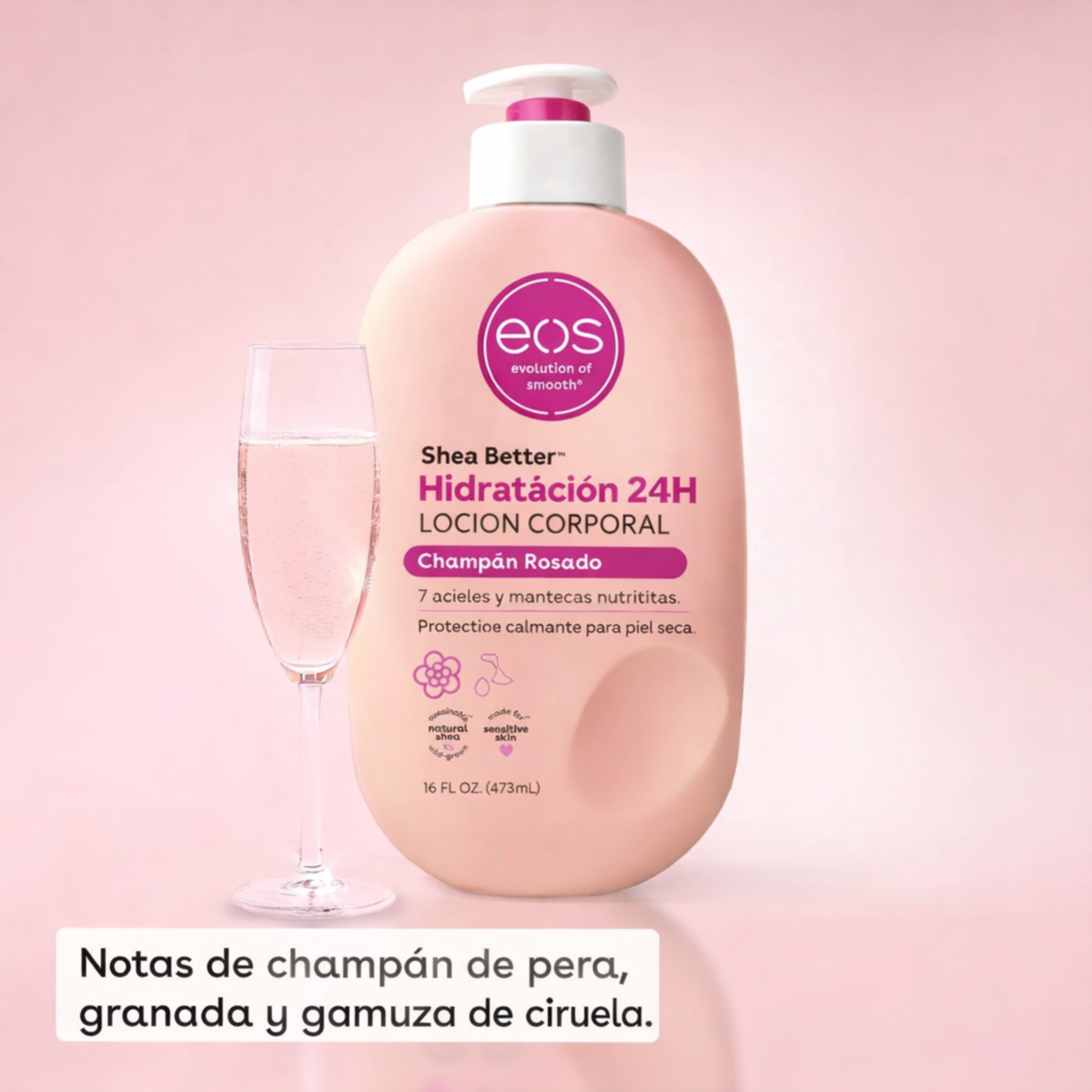 eos Crema Corporal Shea Better Champaña Rosa, Cuidado de la Piel Hidratante 24 Horas, Ligera y Sin Grasa, Manteca de Karité Natural, Vegana, 16 onzas líquidas