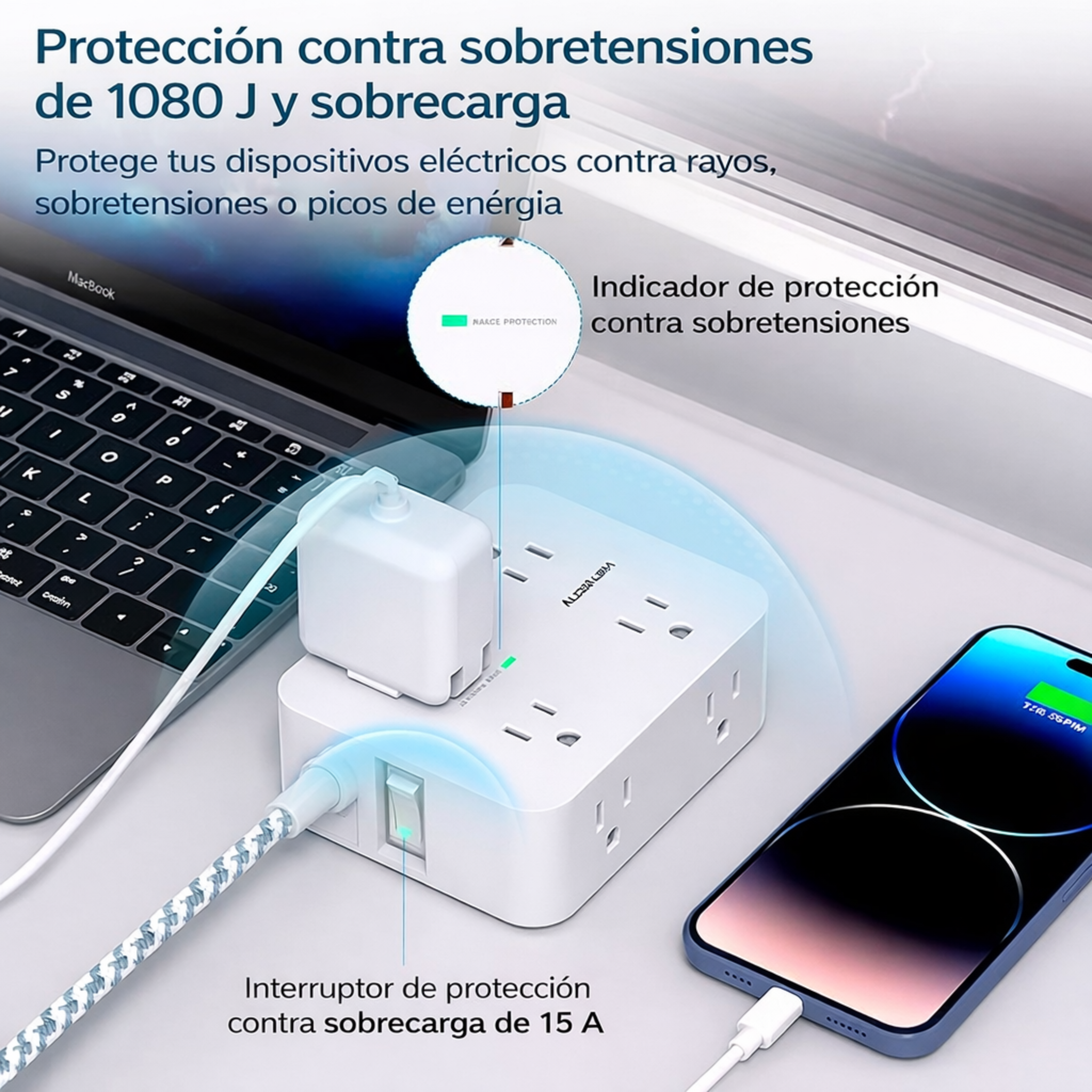 Regleta protectora de sobretensiones HANYCONY de 10 pies - Blanco, cable de extensión con 8 salidas de CA, 4 puertos USB (2 USB C), enchufe plano, estación de carga USB para escritorio de montaje en pared