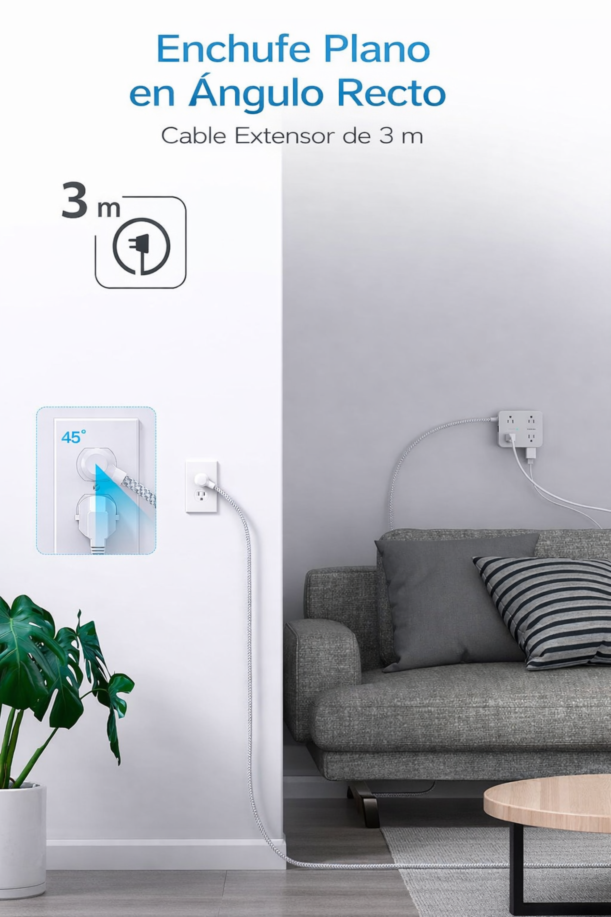 Regleta protectora de sobretensiones HANYCONY de 10 pies - Blanco, cable de extensión con 8 salidas de CA, 4 puertos USB (2 USB C), enchufe plano, estación de carga USB para escritorio de montaje en pared