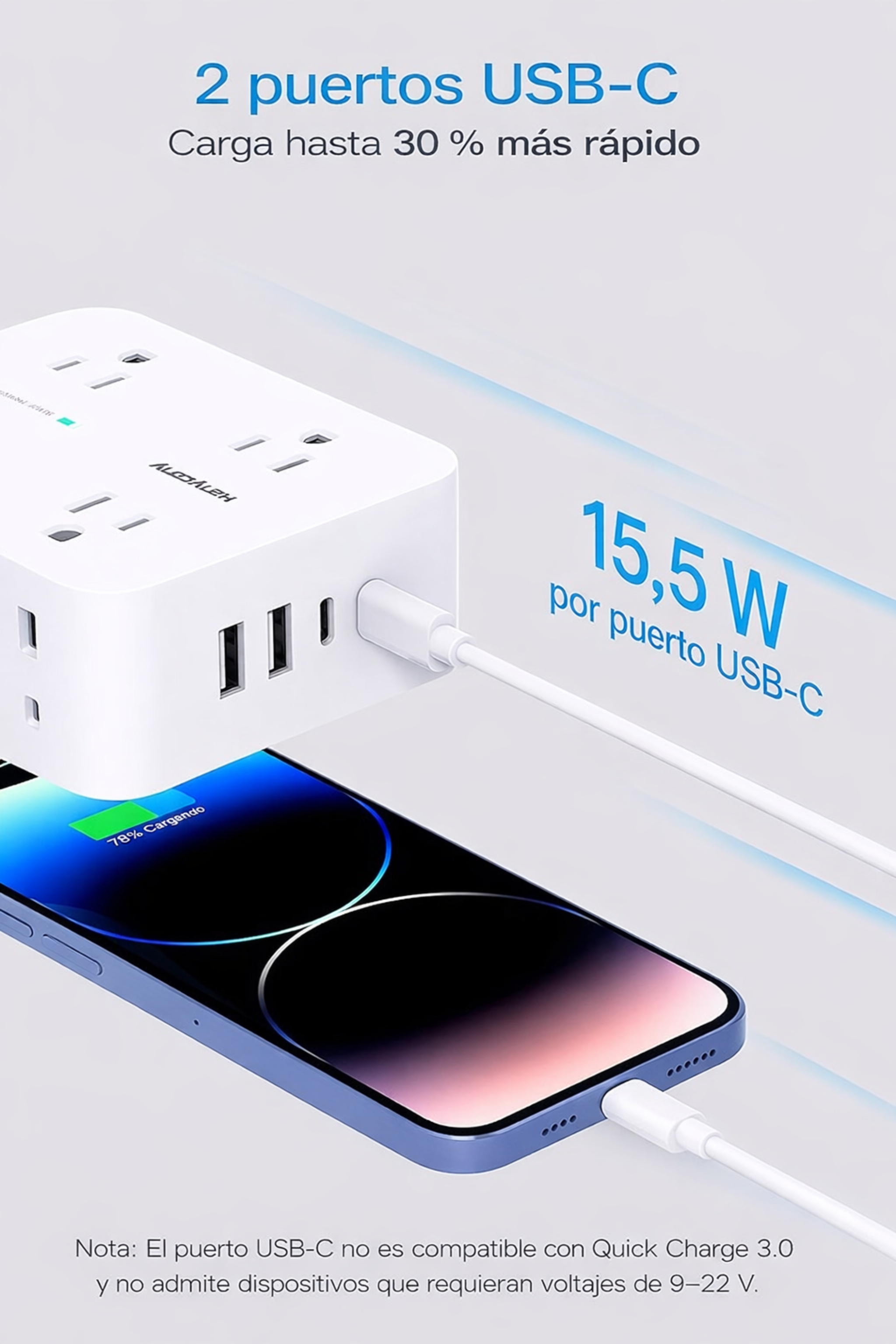Regleta protectora de sobretensiones HANYCONY de 10 pies - Blanco, cable de extensión con 8 salidas de CA, 4 puertos USB (2 USB C), enchufe plano, estación de carga USB para escritorio de montaje en pared