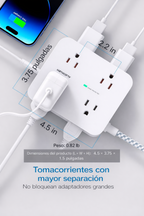 Regleta protectora de sobretensiones HANYCONY de 10 pies - Blanco, cable de extensión con 8 salidas de CA, 4 puertos USB (2 USB C), enchufe plano, estación de carga USB para escritorio de montaje en pared