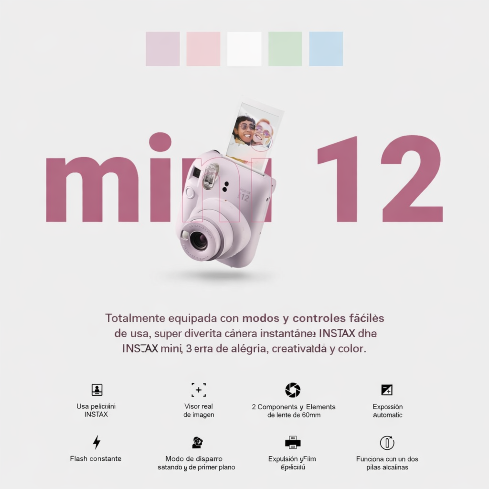Fujifilm Cámara instantánea Instax Mini 12 + paquete de accesorios MiniMate y funda personalizada compatible + paquete económico de película Fuji Instax (50 hojas), álbum de fotos de diseño Flamingo