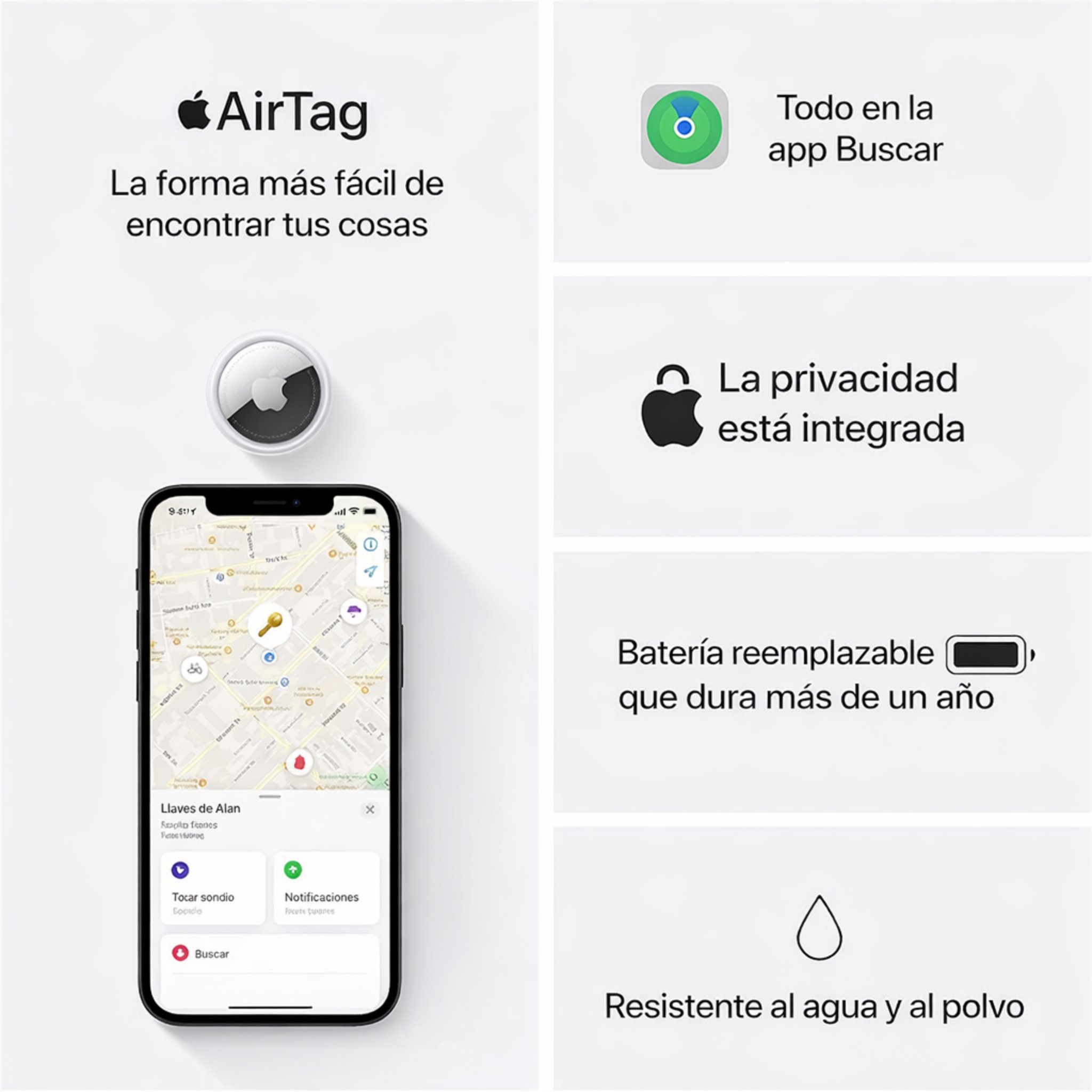 Apple AirTag 4 Pack. Mantén un seguimiento y encuentra tus llaves, cartera, equipaje, mochila y más. Configuración simple con un toque con iPhone o iPad