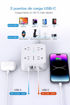 Regleta protectora de sobretensiones HANYCONY de 25 pies - Blanco, cable de extensión con 8 salidas de CA, 4 puertos USB (2 USB C), enchufe plano, estación de carga USB para escritorio de montaje en pared