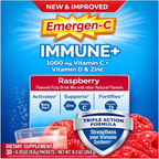 Emergen-C Immune+ | Polvo de Apoyo Inmunológico de Triple Acción sabor Frambuesa, BetaVia (R), 1000 mg de Vitamina C, Vitaminas B, Vitamina D y Antioxidantes, 30 Unidades