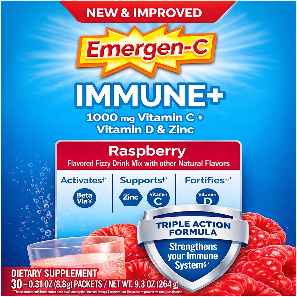 Emergen-C Immune+ | Polvo de Apoyo Inmunológico de Triple Acción sabor Frambuesa, BetaVia (R), 1000 mg de Vitamina C, Vitaminas B, Vitamina D y Antioxidantes, 30 Unidades