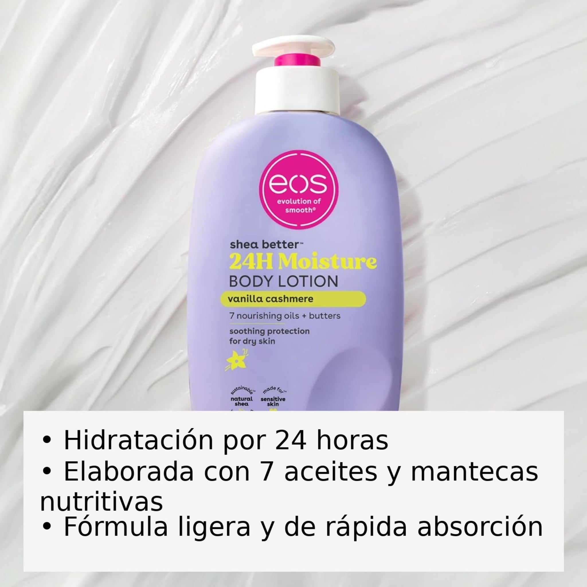 eos Shea Better Loción corporal Cachemira de Vainilla, cuidado de la piel con humedad las 24 horas, ligera y no grasosa, karité natural, vegano, loción corporal de vainilla, 16 onzas líquidas